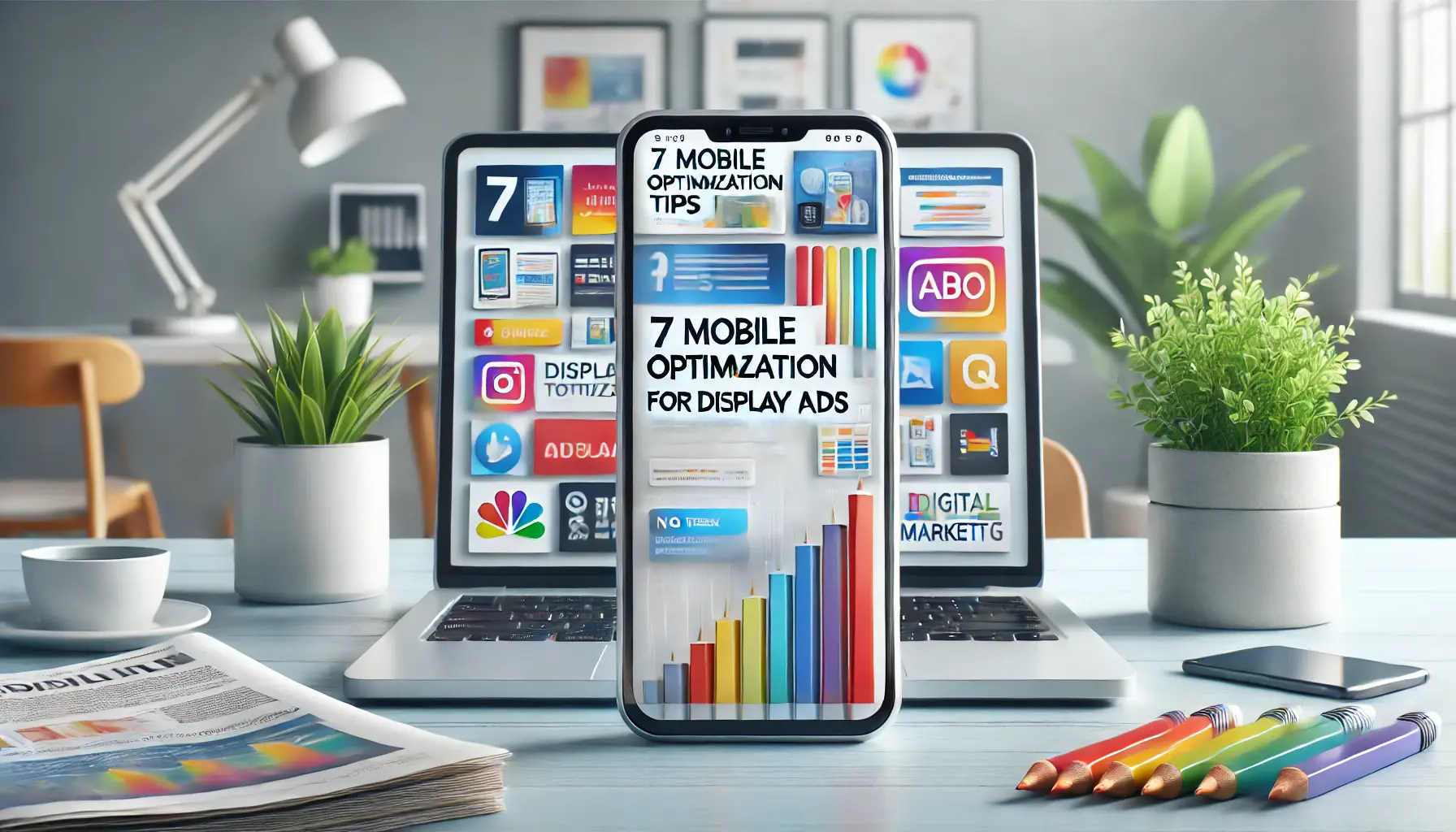 A modern workspace with a smartphone displaying vibrant digital ads, emphasizing mobile optimization in a sleek setting.