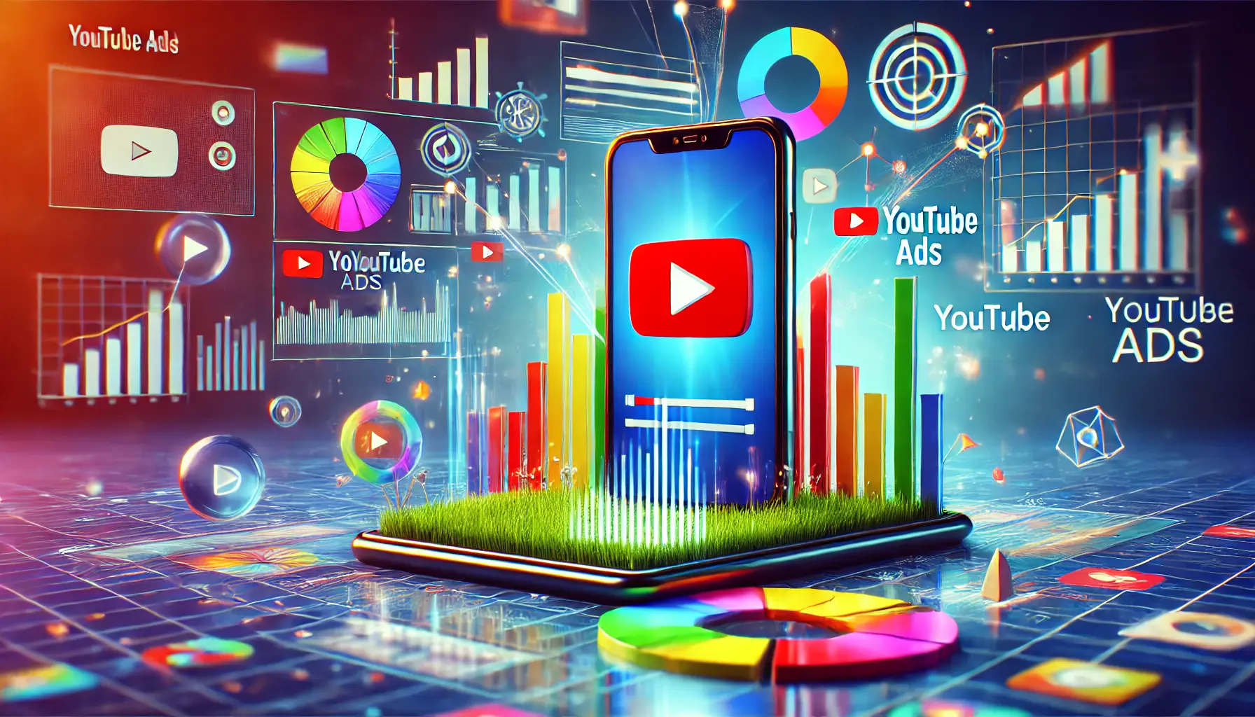 A featured image illustrating mobile optimization for YouTube Ads, showcasing a smartphone screen with a video player and colorful analytics in a high-tech abstract setting.