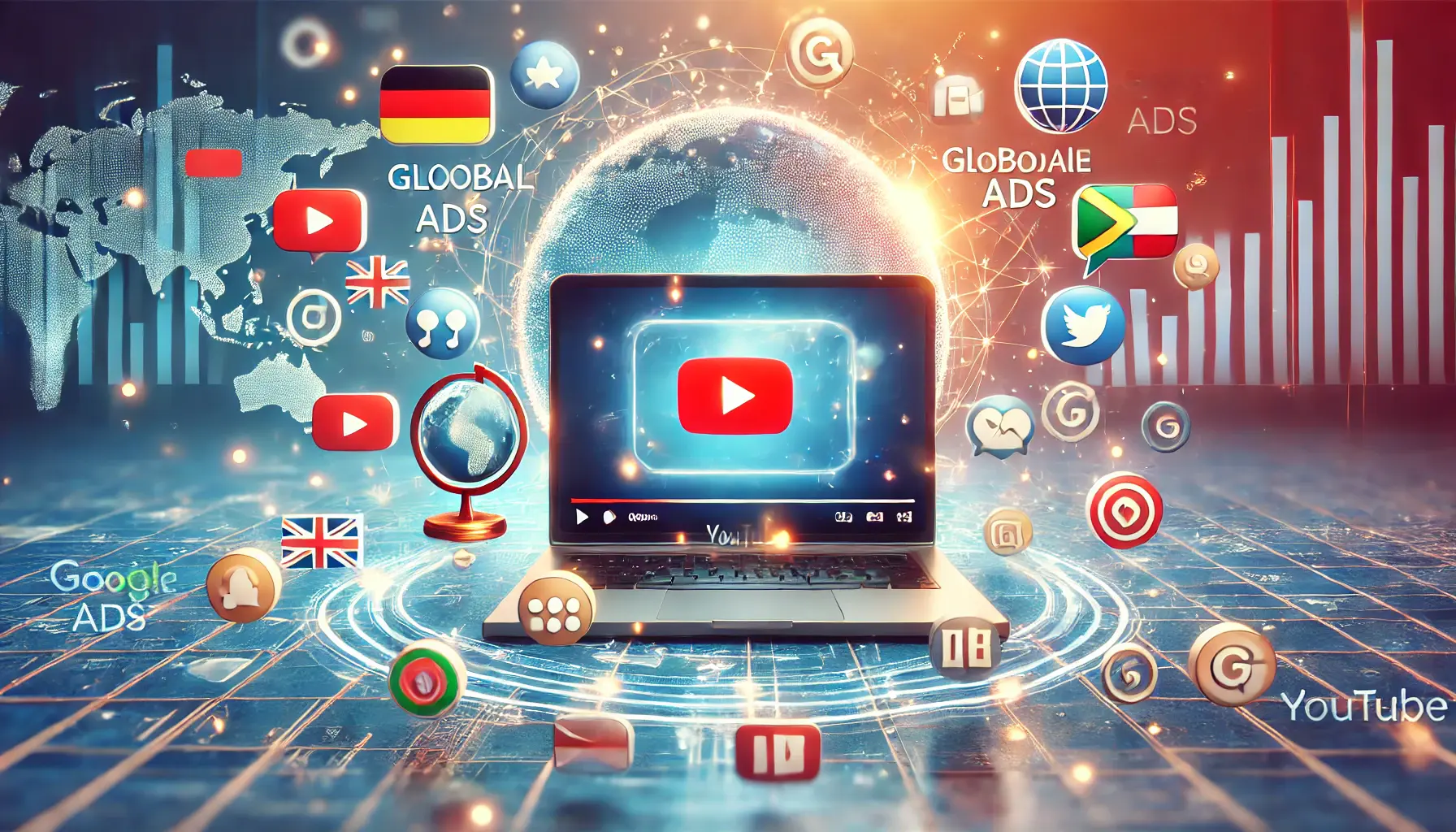 Illustration of a computer screen showcasing video ads, surrounded by multilingual icons like speech bubbles and cultural symbols, with a global theme.