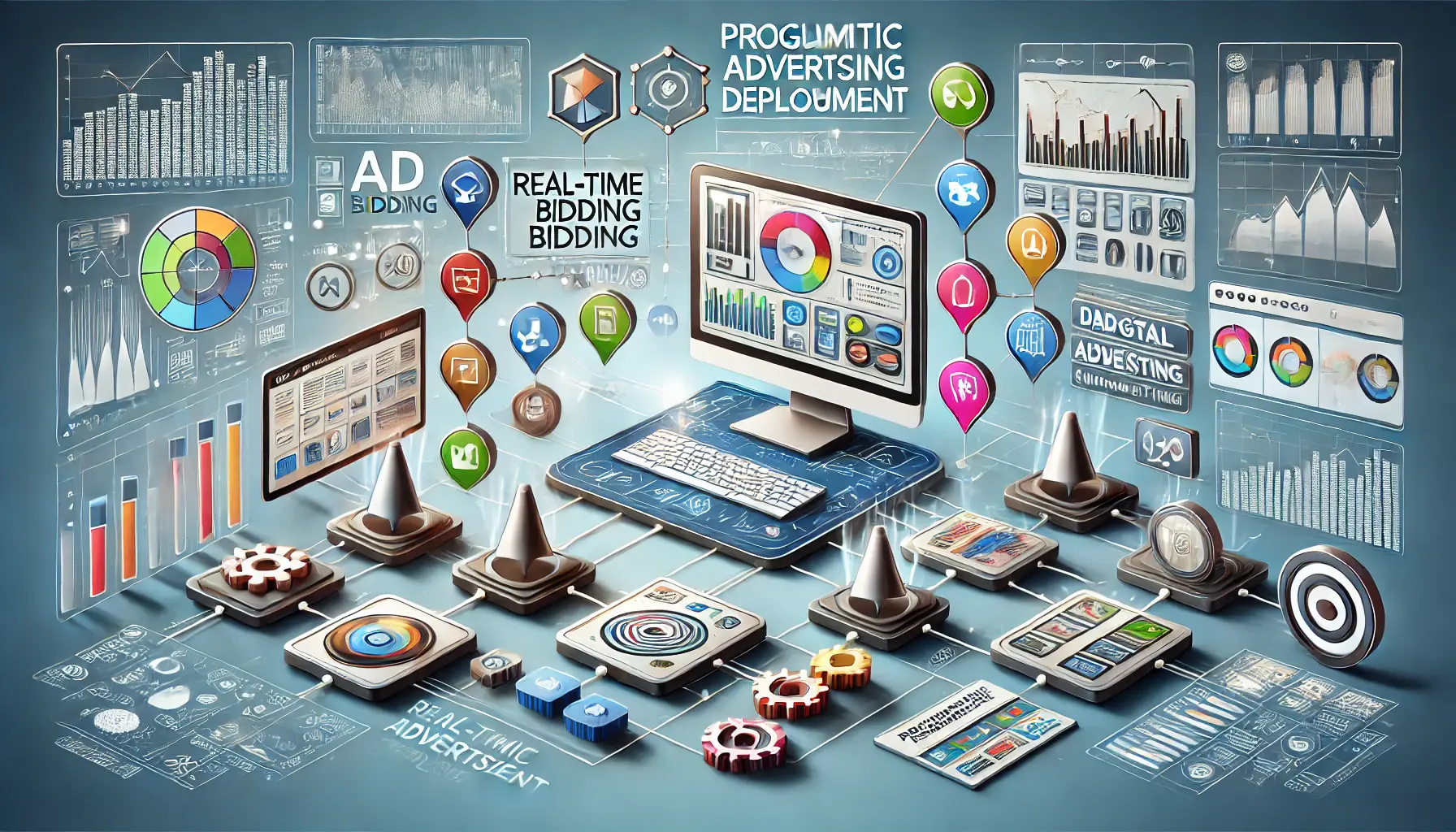 An image illustrating programmatic advertising deployment, featuring automated systems, real-time bidding, and digital ads interconnected through data streams and dashboards.