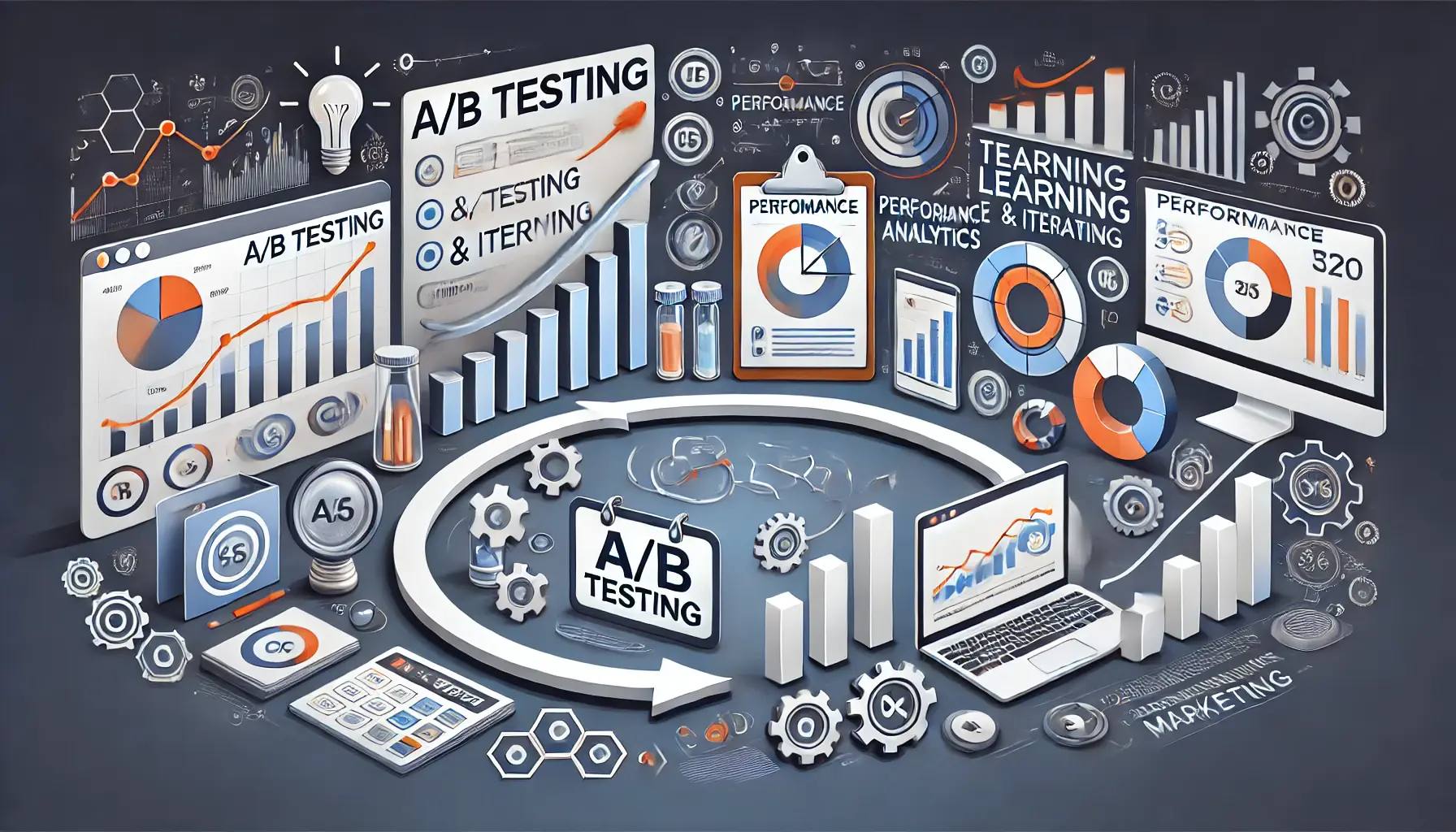 An image illustrating the process of testing, learning, and iterating, with A/B testing charts, performance analytics, and iterative cycles of improvement.