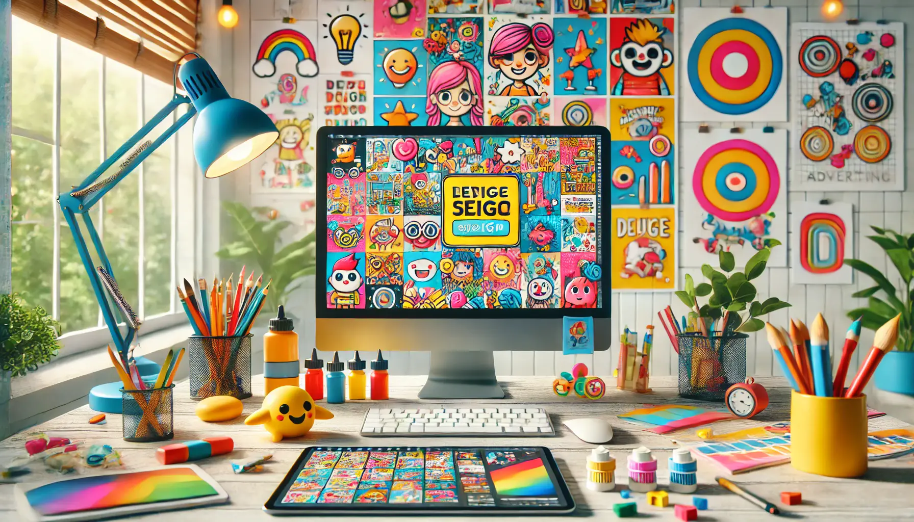 A vibrant workspace with a monitor displaying quirky ad designs, surrounded by playful decorations and creative tools.