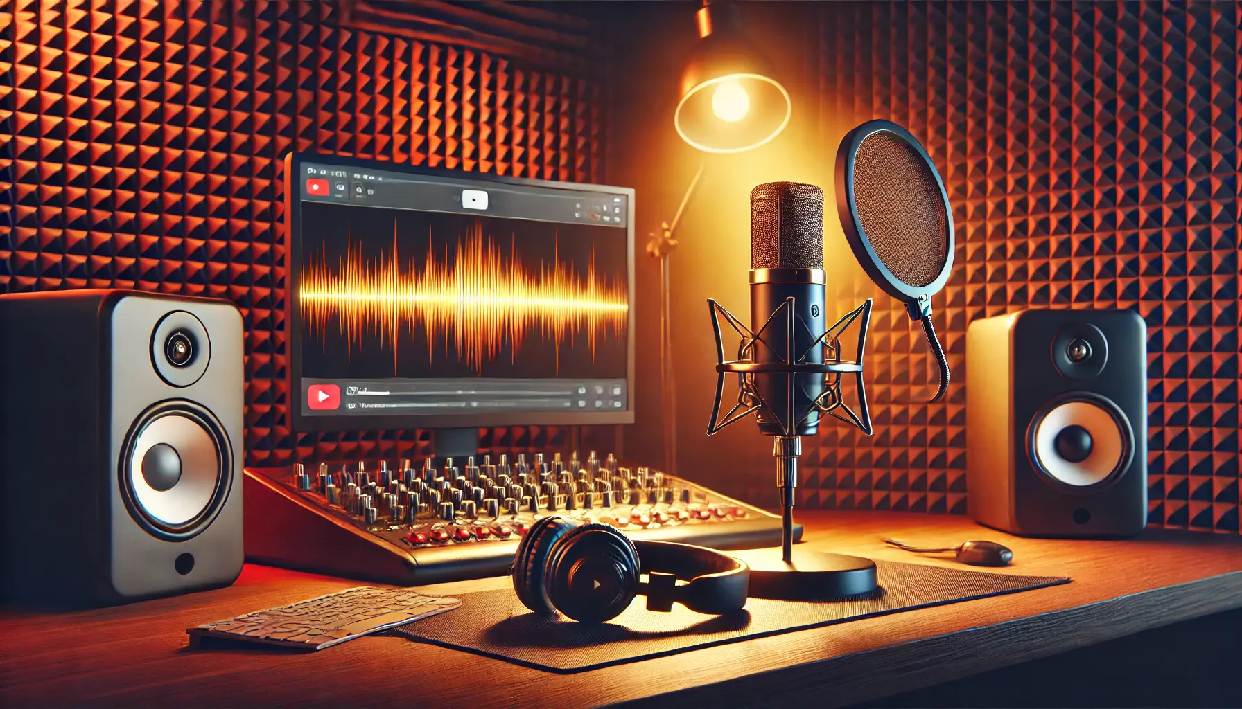 A professional microphone setup in a soundproof recording studio with warm lighting and a computer screen showing audio waveforms, symbolizing voiceover creation.