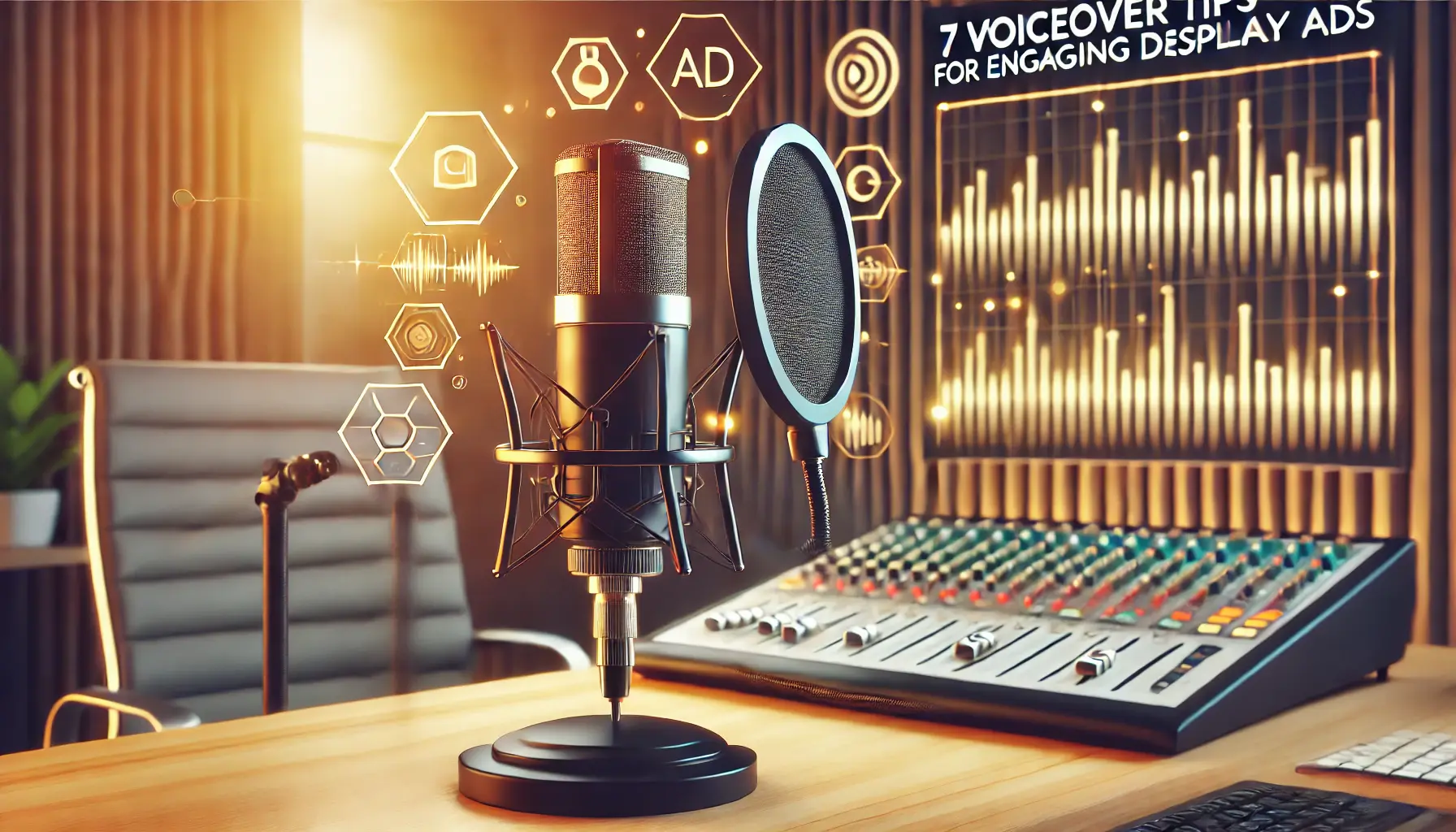 A professional voiceover recording setup in a modern studio with a condenser microphone on a stand, pop filter, and sleek audio mixing console in the background, suitable for digital marketing.