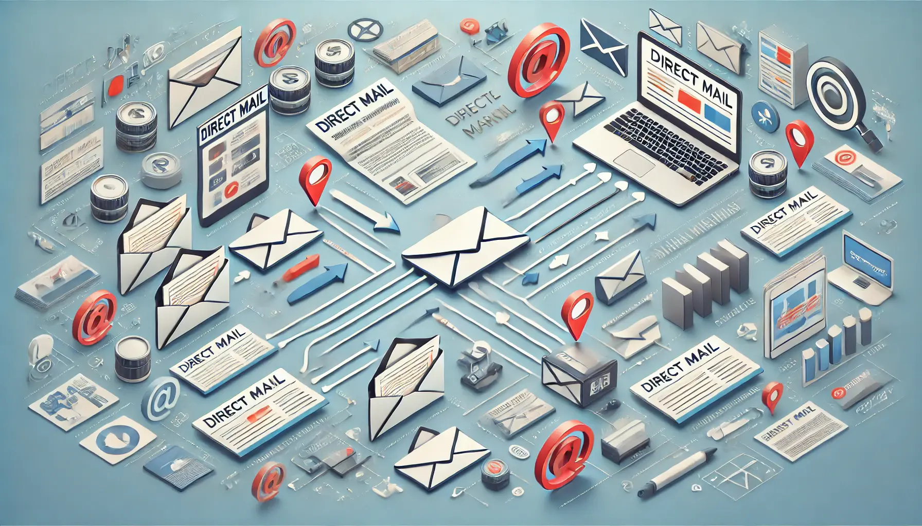 An image depicting the integration of direct mail and digital marketing, with physical mail and digital elements like emails and social media connected by arrows.