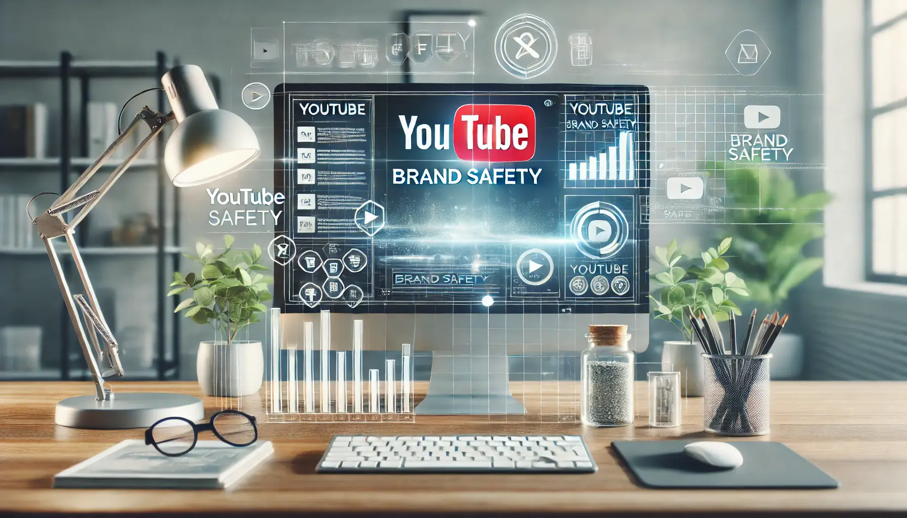 A digital marketing workspace featuring YouTube analytics on a screen, emphasizing brand safety and professionalism.