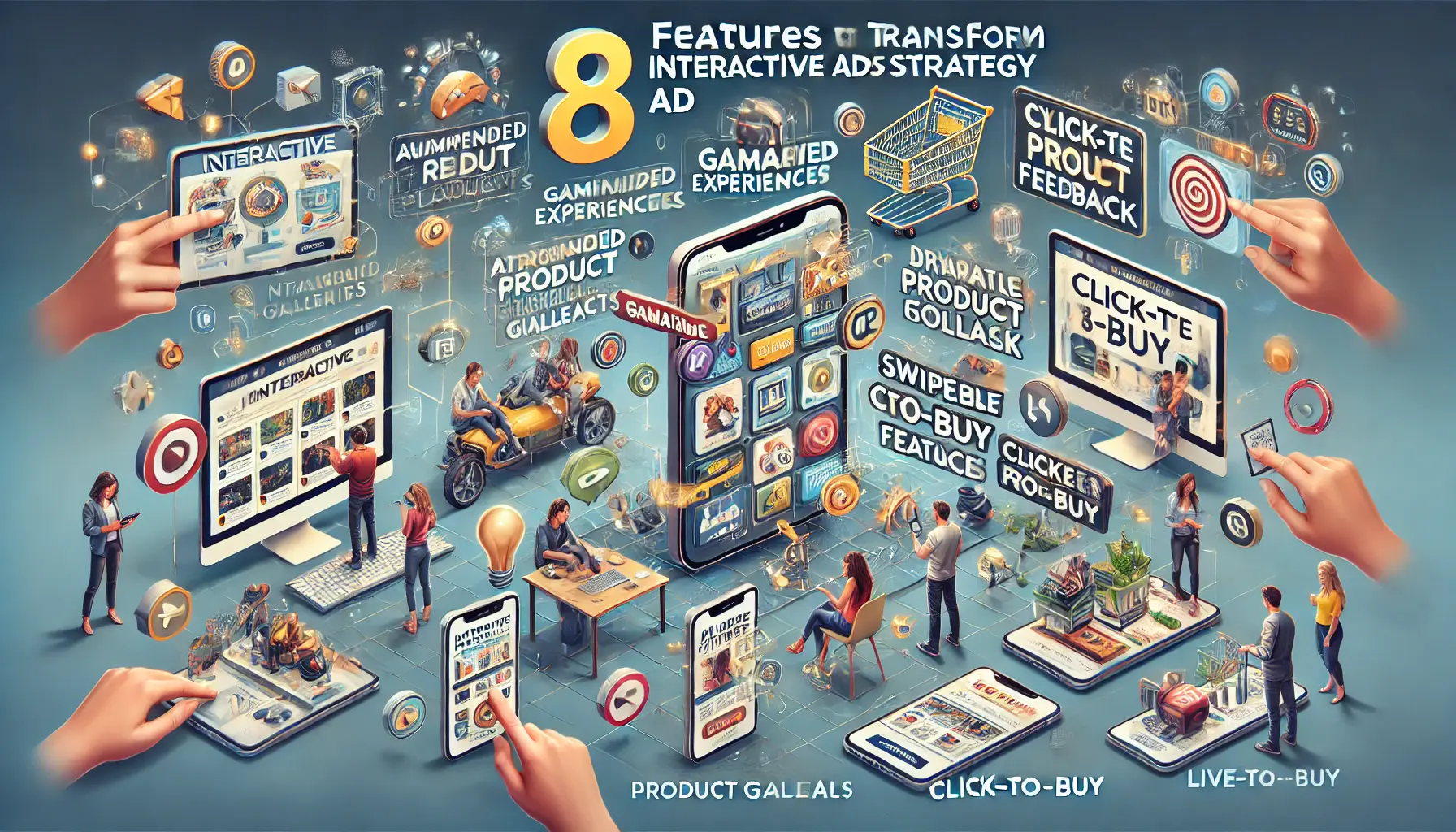 An illustration showing various interactive ad features such as gamification, AR product placements, dynamic galleries, interactive polls, real-time feedback, and live chat, with users engaging on different devices.