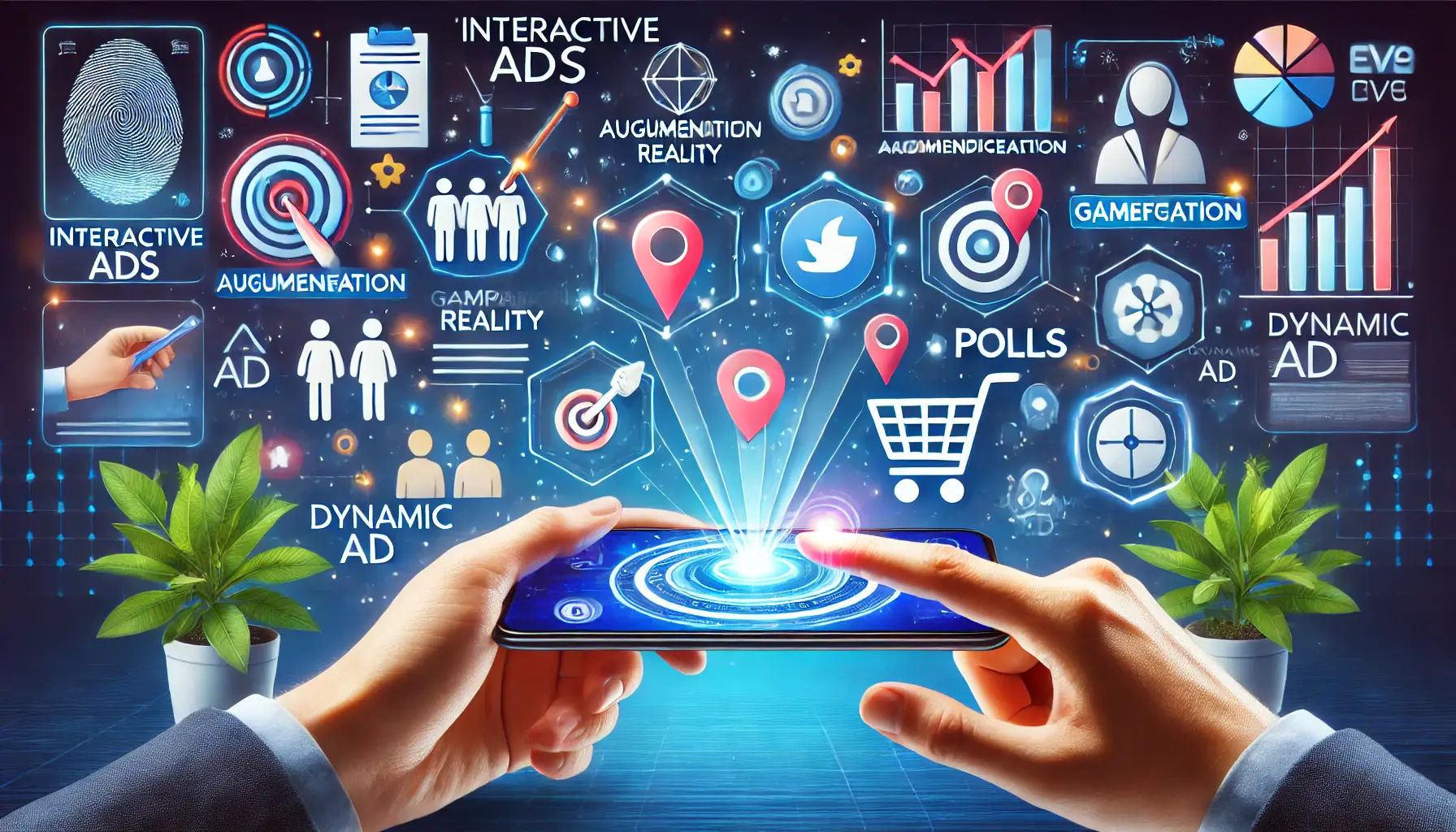 A colorful and dynamic depiction of users interacting with digital interfaces, showcasing features like gamification, AR, and shopping cart icons, symbolizing interactive ads in digital marketing.