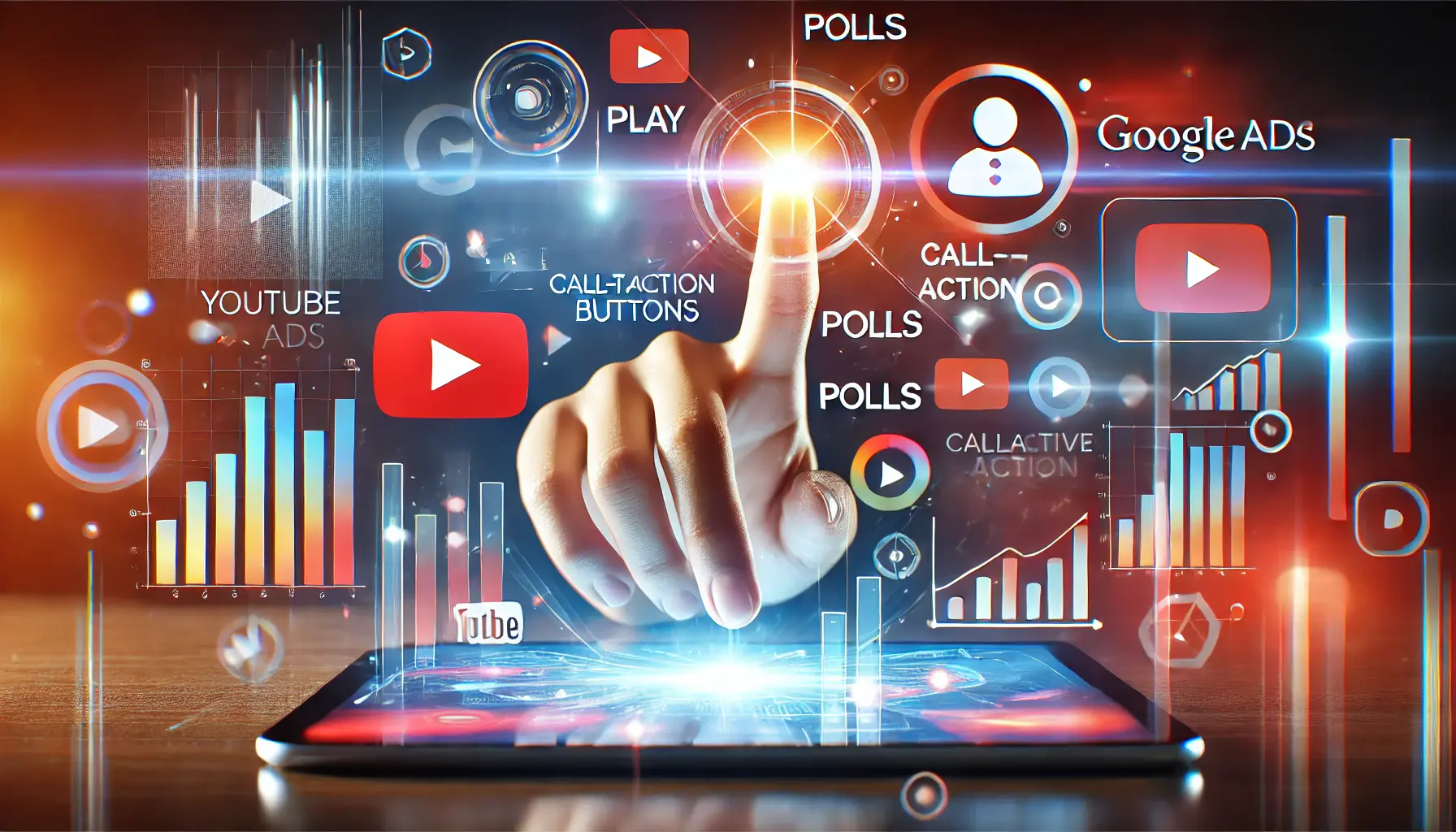 A futuristic depiction of interactive digital marketing elements, showcasing a hand tapping on a glowing tablet surrounded by icons of play buttons, polls, and graphs.