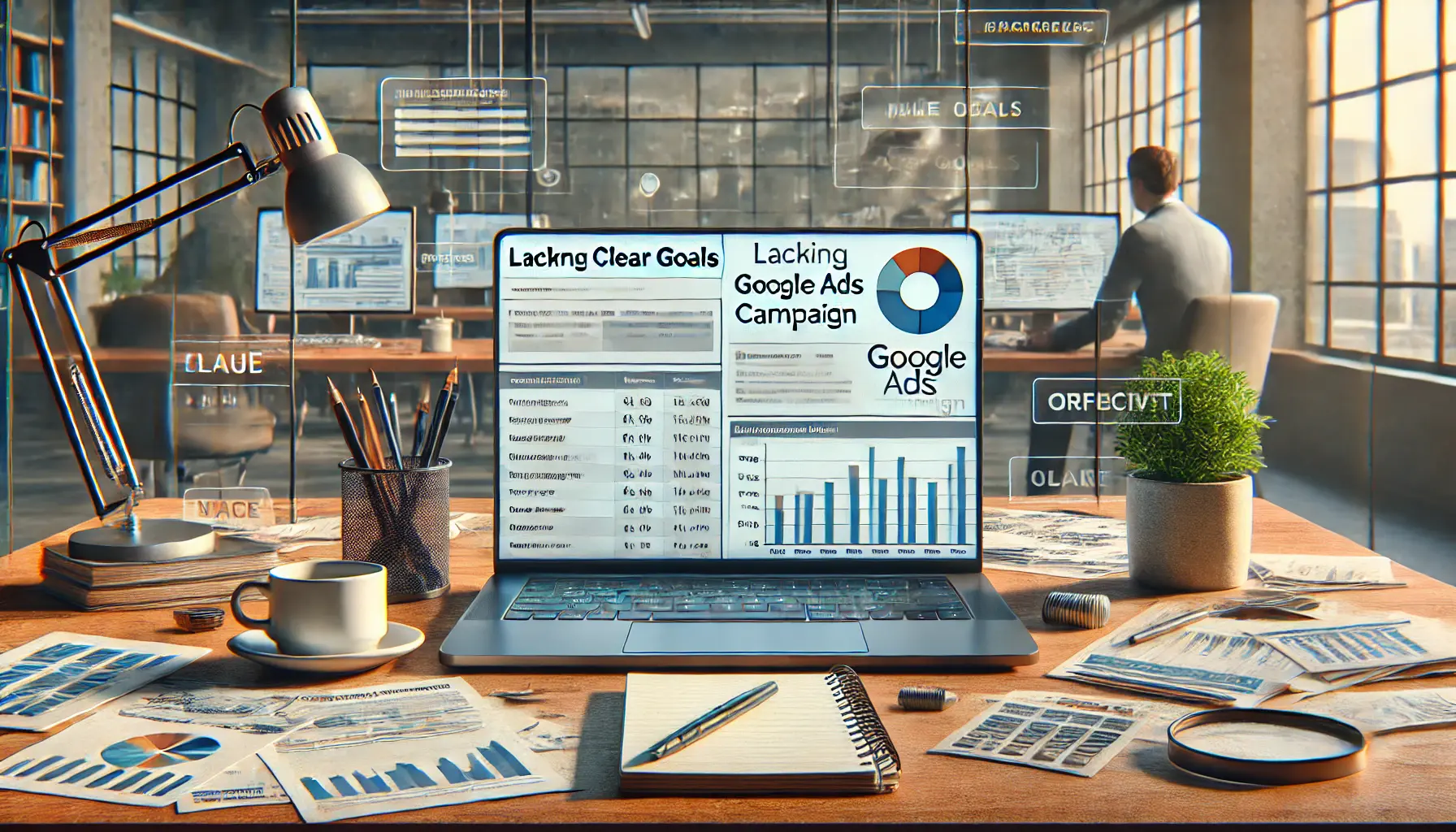 A digital marketer reviewing a disorganized Google Ads campaign on a laptop screen, showing unclear performance metrics and undefined objectives, with a notebook, pen, and coffee cup on the desk in a modern office setting.