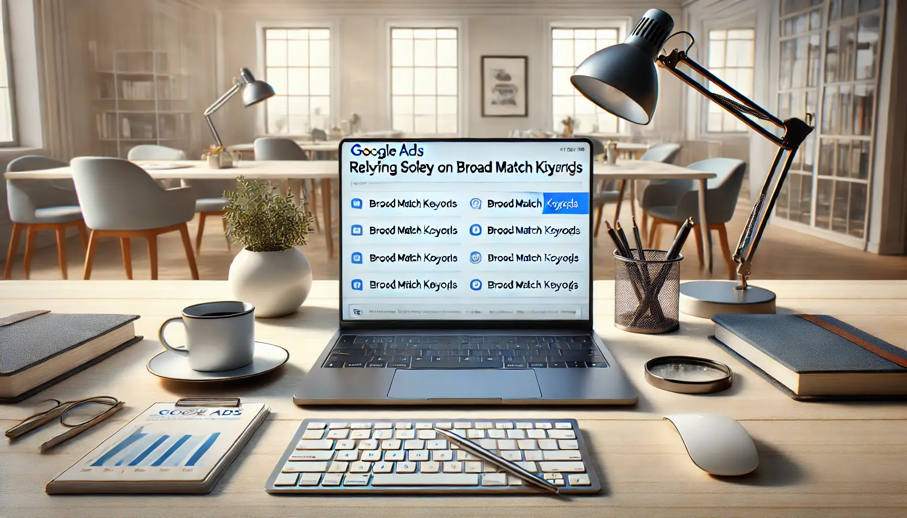 A modern office workspace with a laptop displaying a Google Ads keyword interface with broad, generic keywords being selected, surrounded by a notepad, coffee cup, and pen.