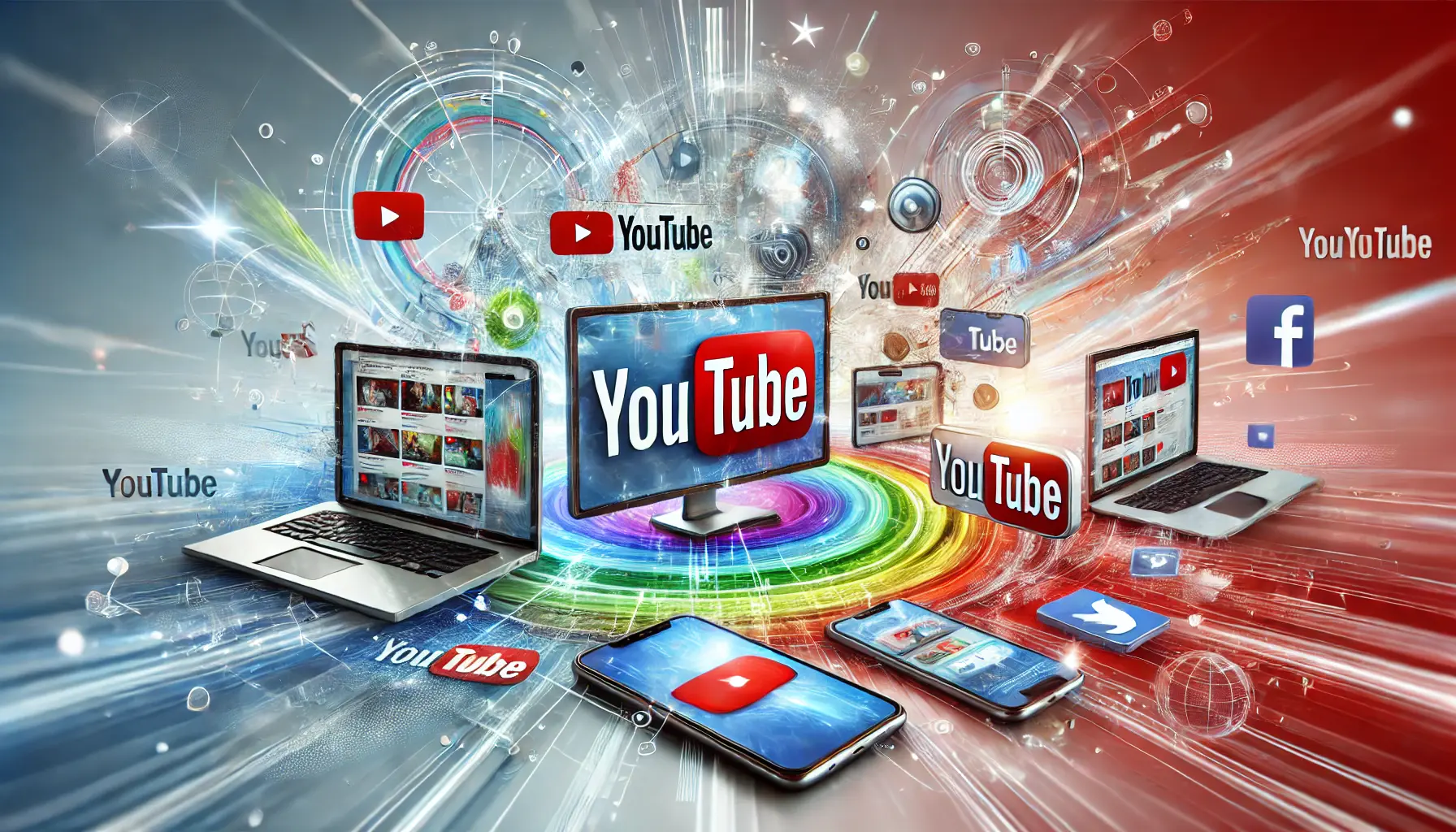 An illustration showcasing interconnected devices like laptops, tablets, and smartphones displaying YouTube ads and social media platforms, symbolizing cross-promotion techniques.