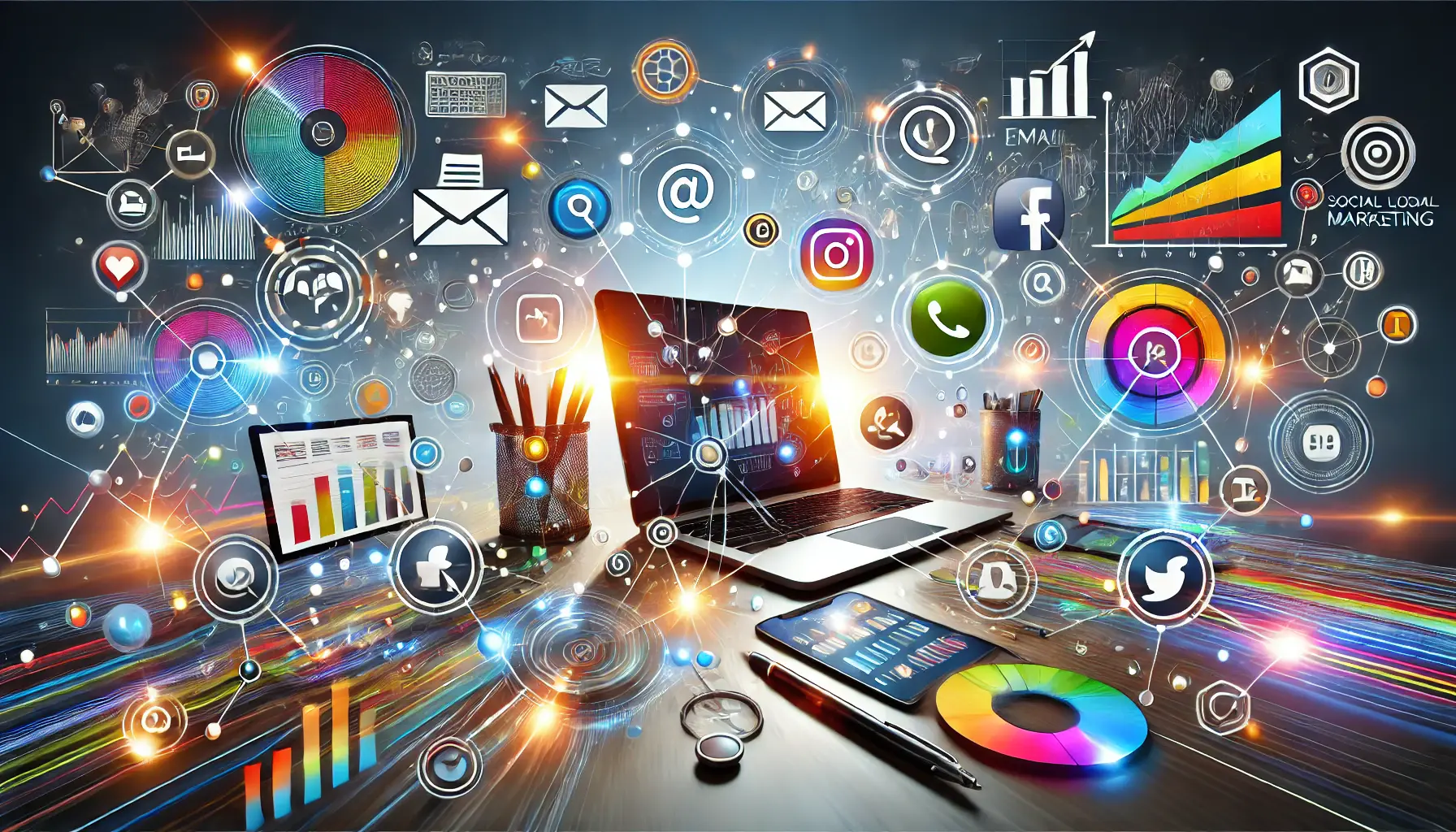 An image showcasing interconnected digital marketing channels, including a smartphone, laptop, email, social media icons, and analytics graphs, emphasizing a unified and cohesive strategy.