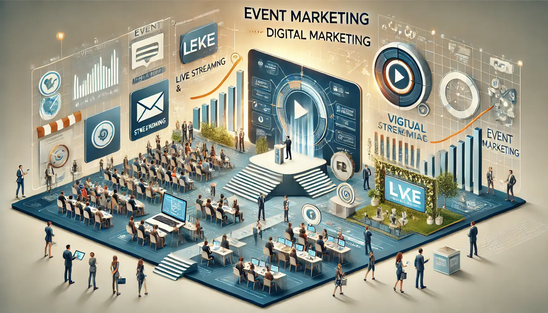 An image illustrating event marketing with digital support, showing both a physical event setting and digital elements like live streaming, social media, and virtual attendees.