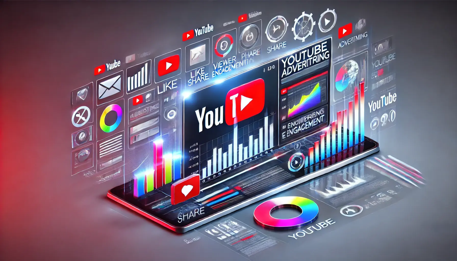 An illustration of a digital dashboard with analytics and YouTube engagement icons, representing viewer engagement metrics.