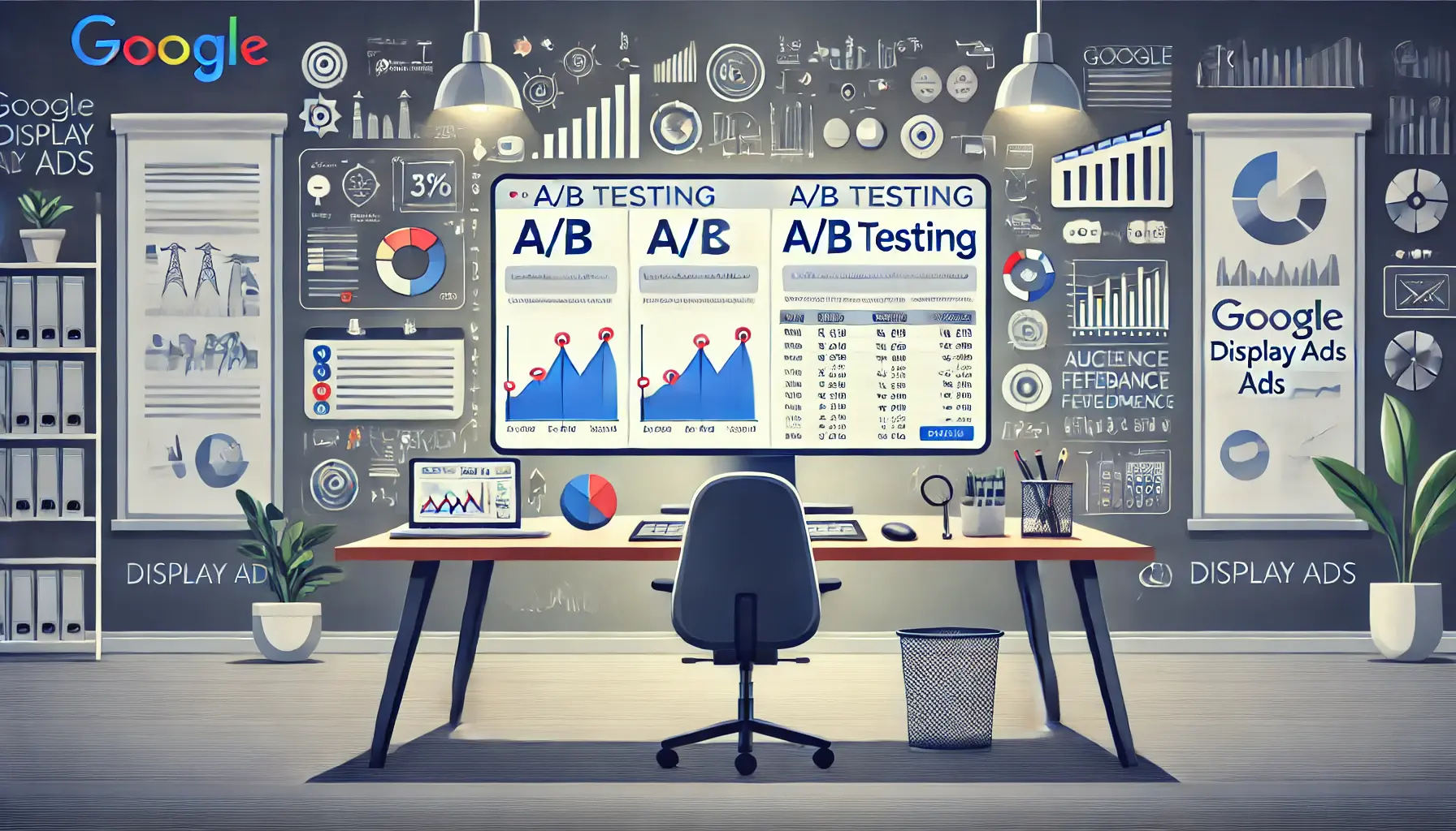 A professional workspace featuring a computer screen with split-testing dashboards comparing two ad variations, surrounded by analytics tools and performance graphs.