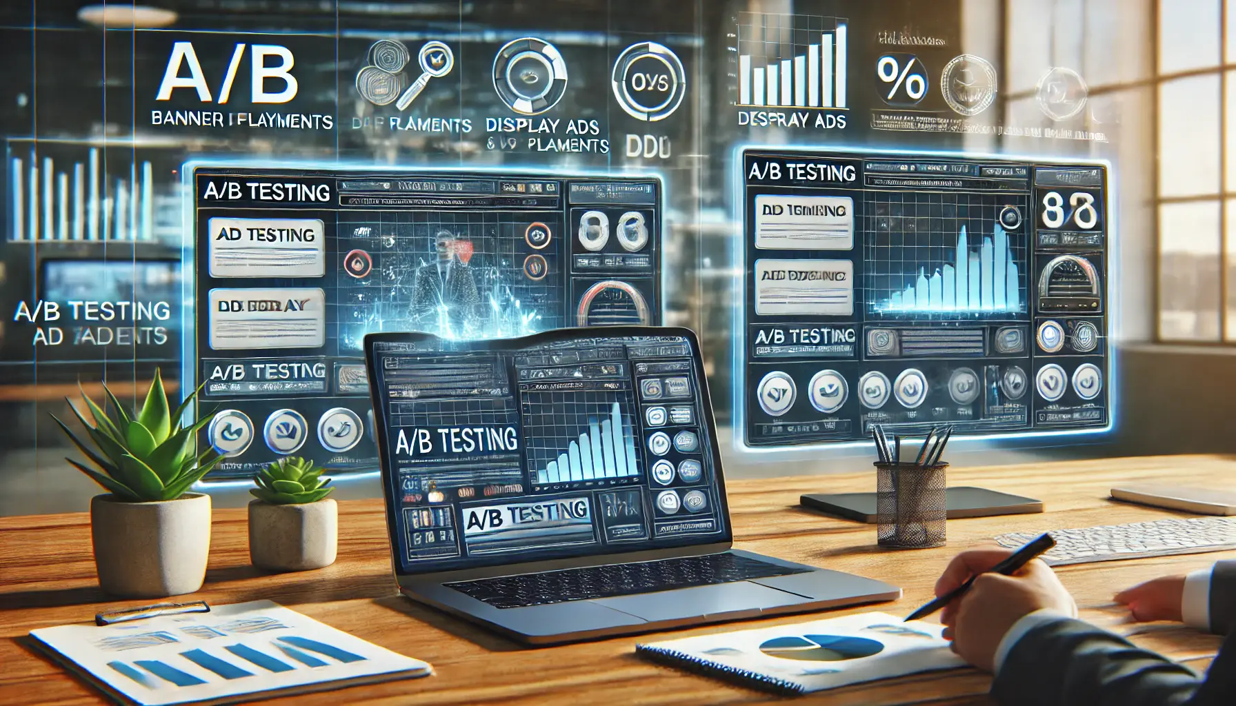 An image showing A/B testing of ad formats and placements on two versions of a webpage, with performance metrics displayed on a laptop.