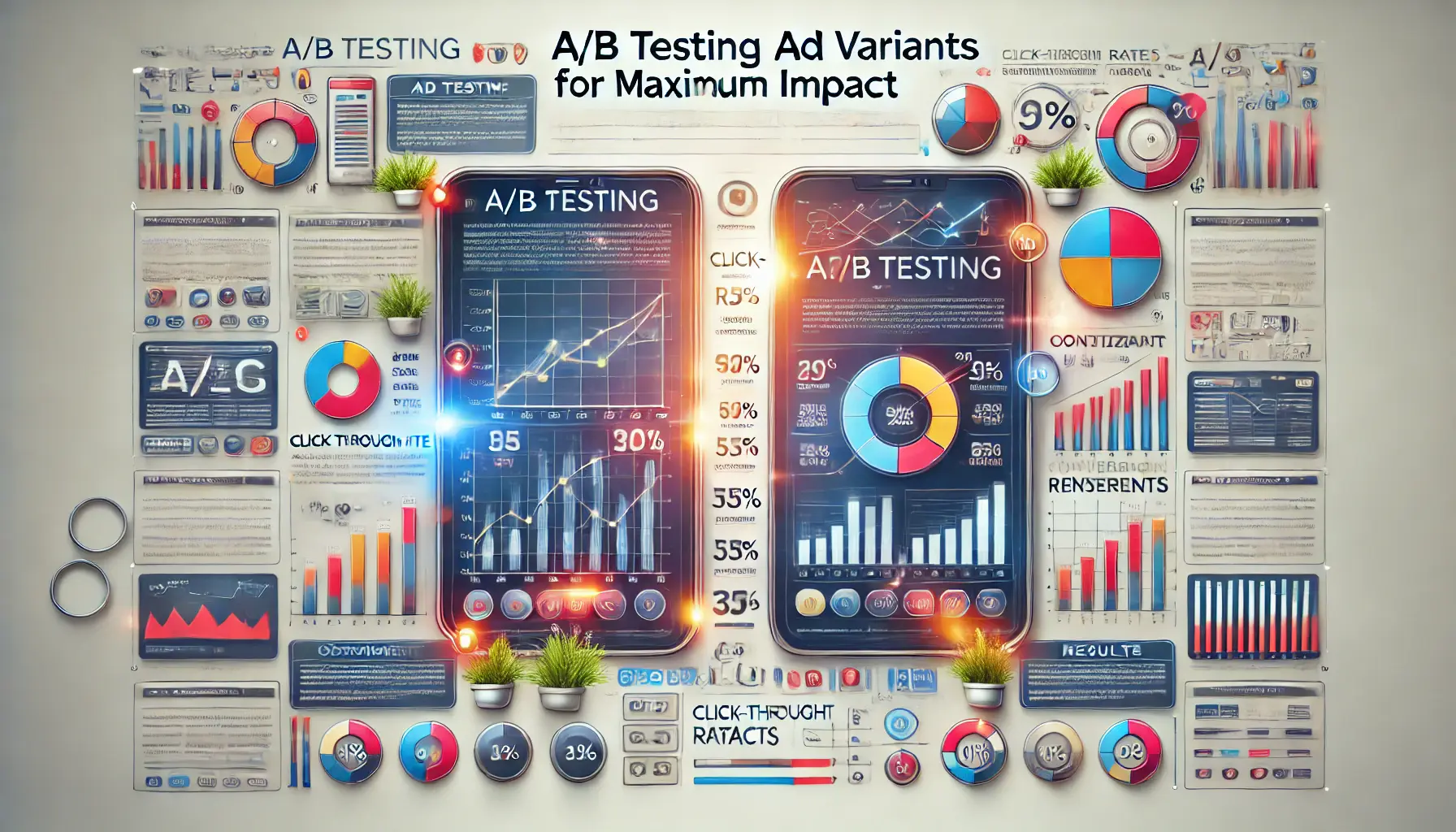 Abstract image showing side-by-side screens with different ad layouts and graphs representing metrics like click-through and conversion rates.