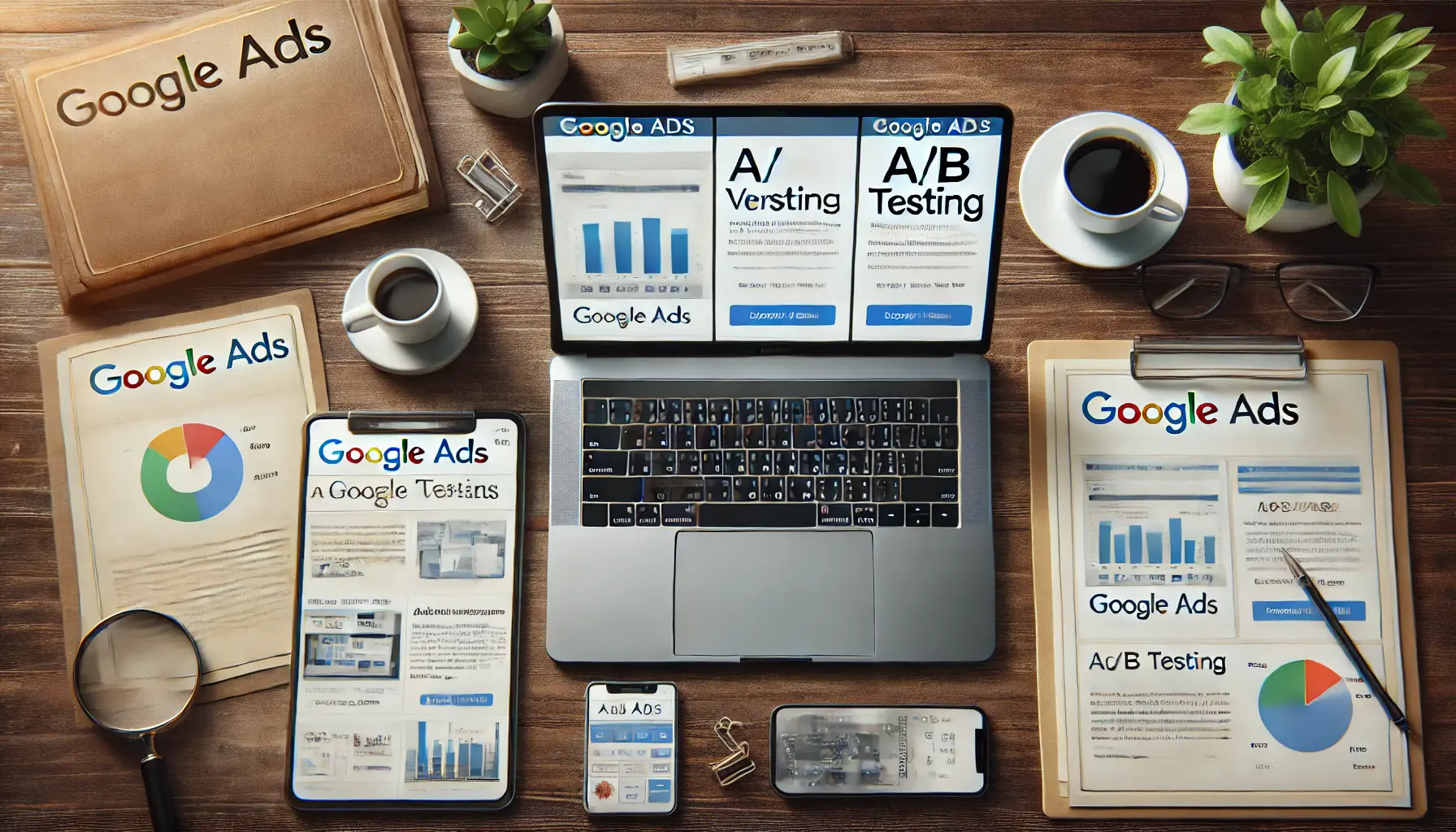 A modern office desk with a laptop displaying two different versions of a Google Ads ad, symbolizing the A/B testing process, with legal documents and a cup of coffee nearby.