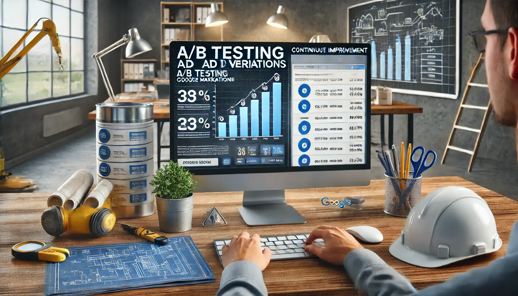 Digital marketer analyzing different versions of Google Ads on a computer screen, with construction blueprints and a hard hat on the desk.