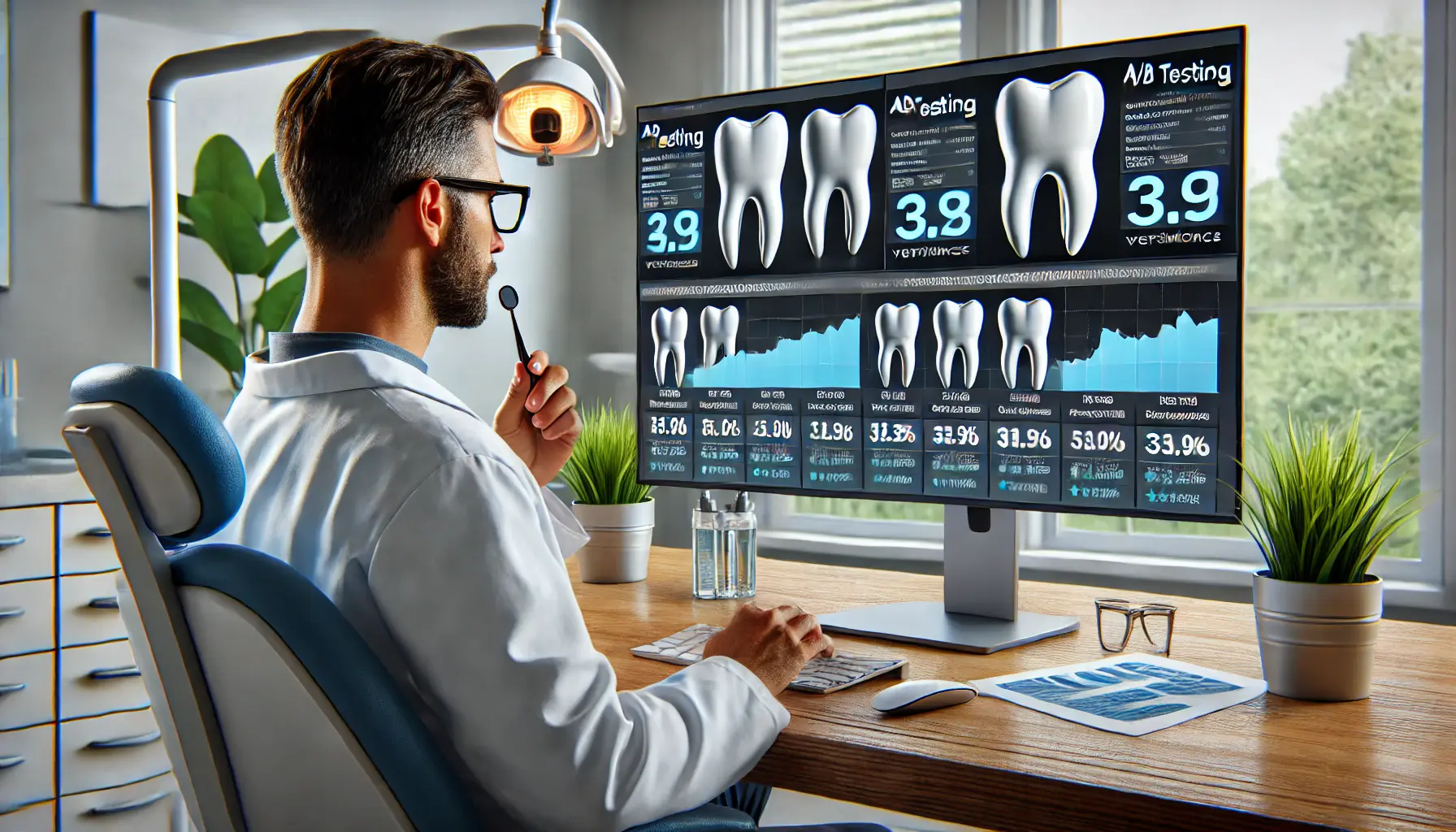 A dentist reviewing A/B test results for ad variations to improve click-through rates in a modern office.