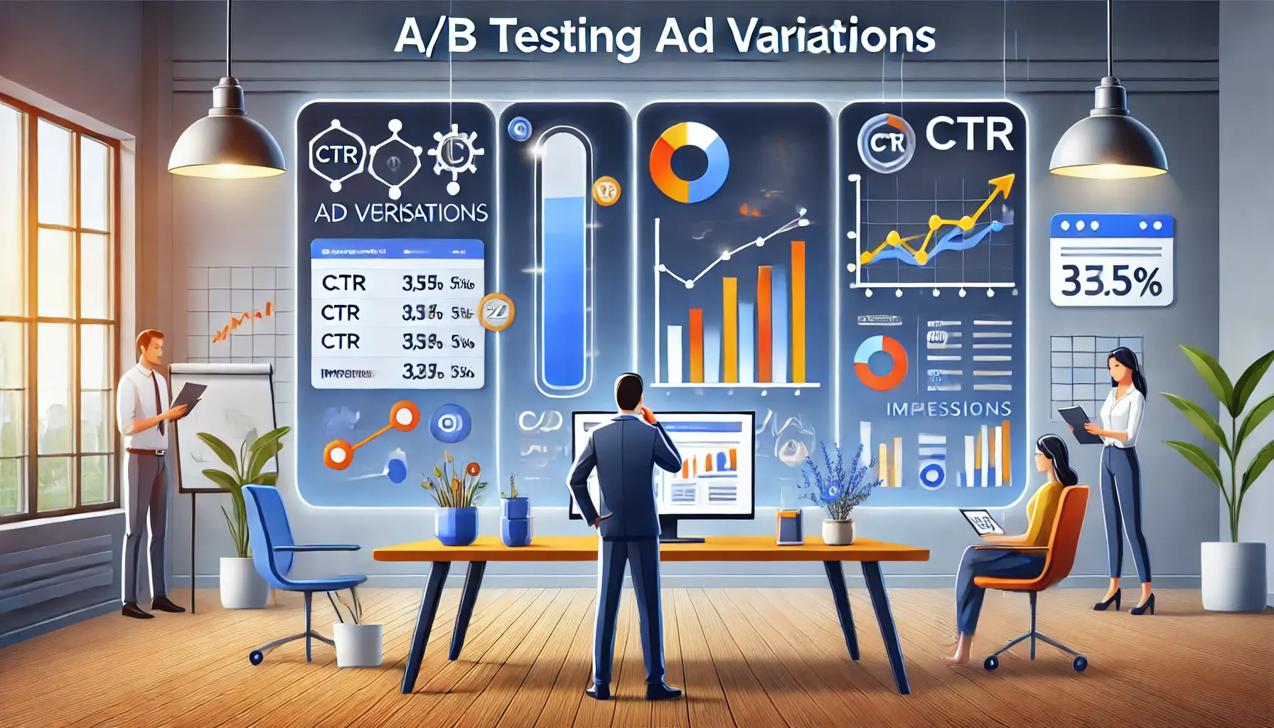 A marketer analyzing two ad variations with comparative metrics like CTR and engagement rates.