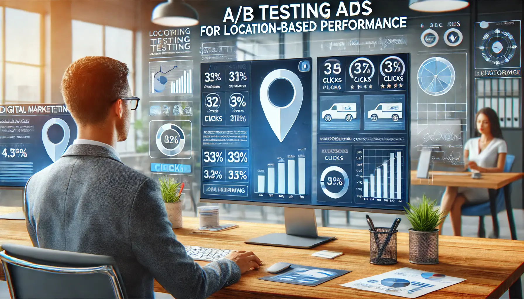 A digital marketing professional analyzing two versions of a location-based ad on a computer screen with performance metrics.