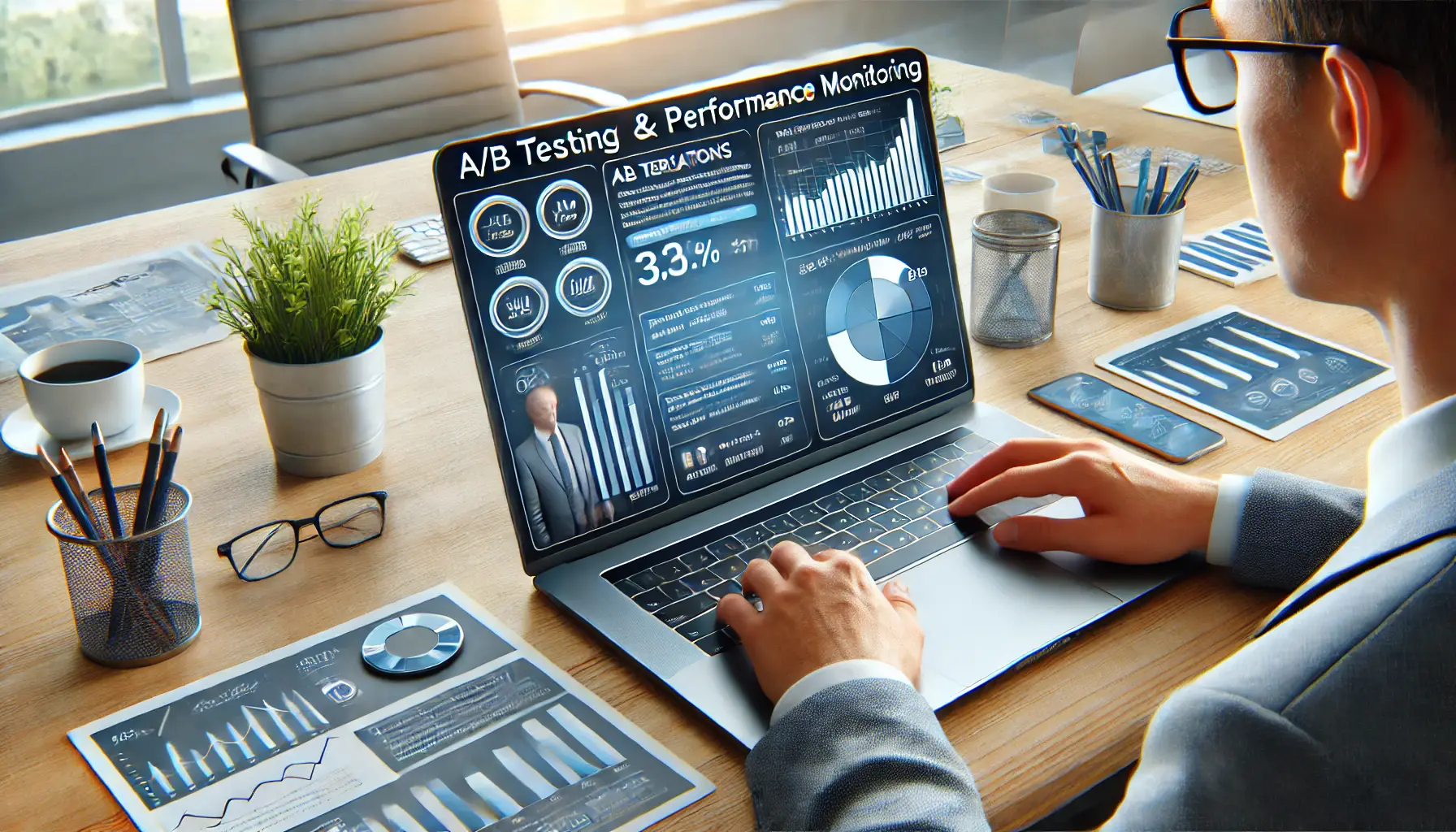 A digital marketer analyzing two variations of an ad on a laptop, comparing performance metrics with graphs and charts showing A/B test results.