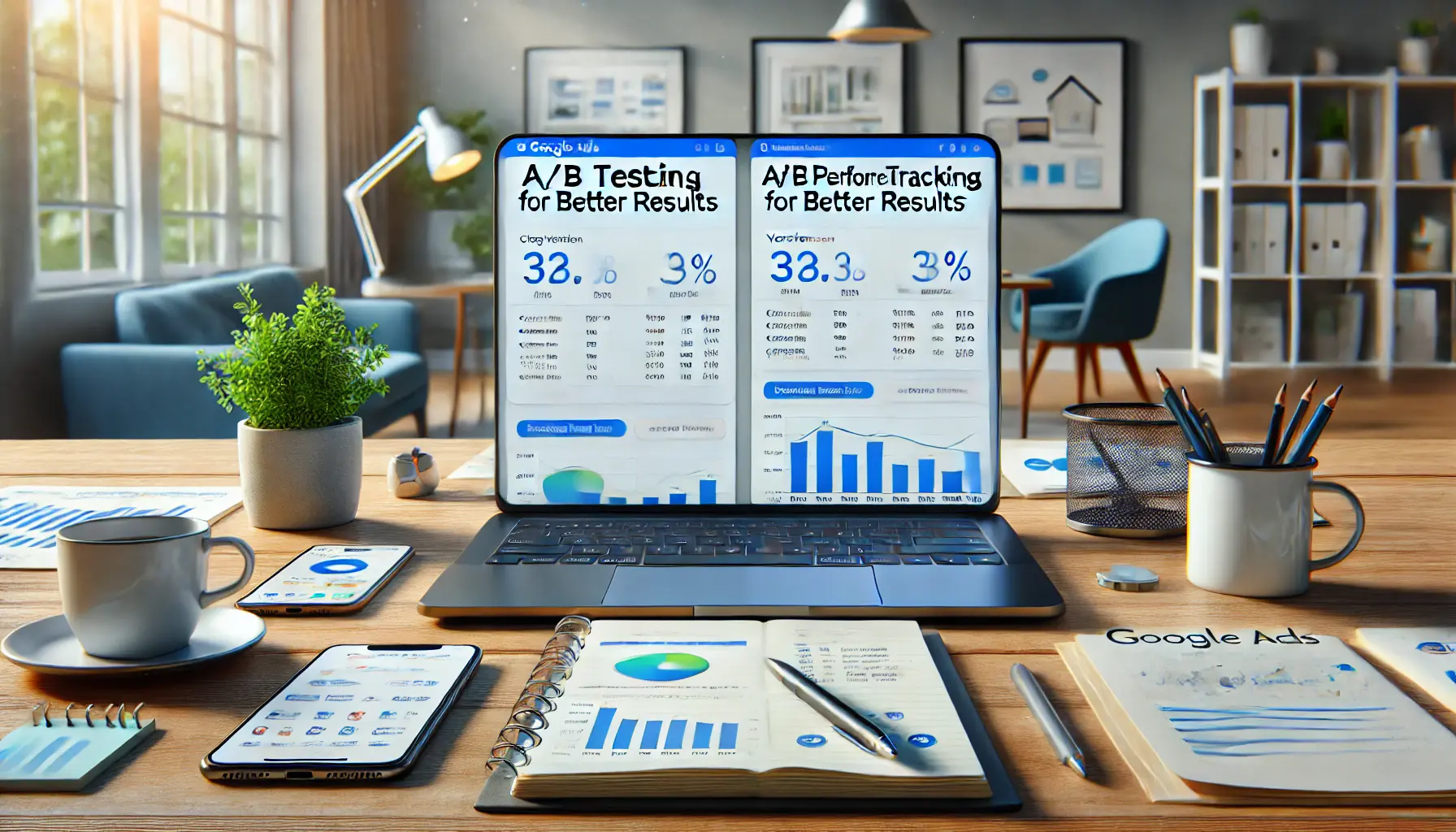 A digital marketing workspace with a laptop showing two versions of a Google Ads campaign in an A/B testing setup, with performance metrics displayed.