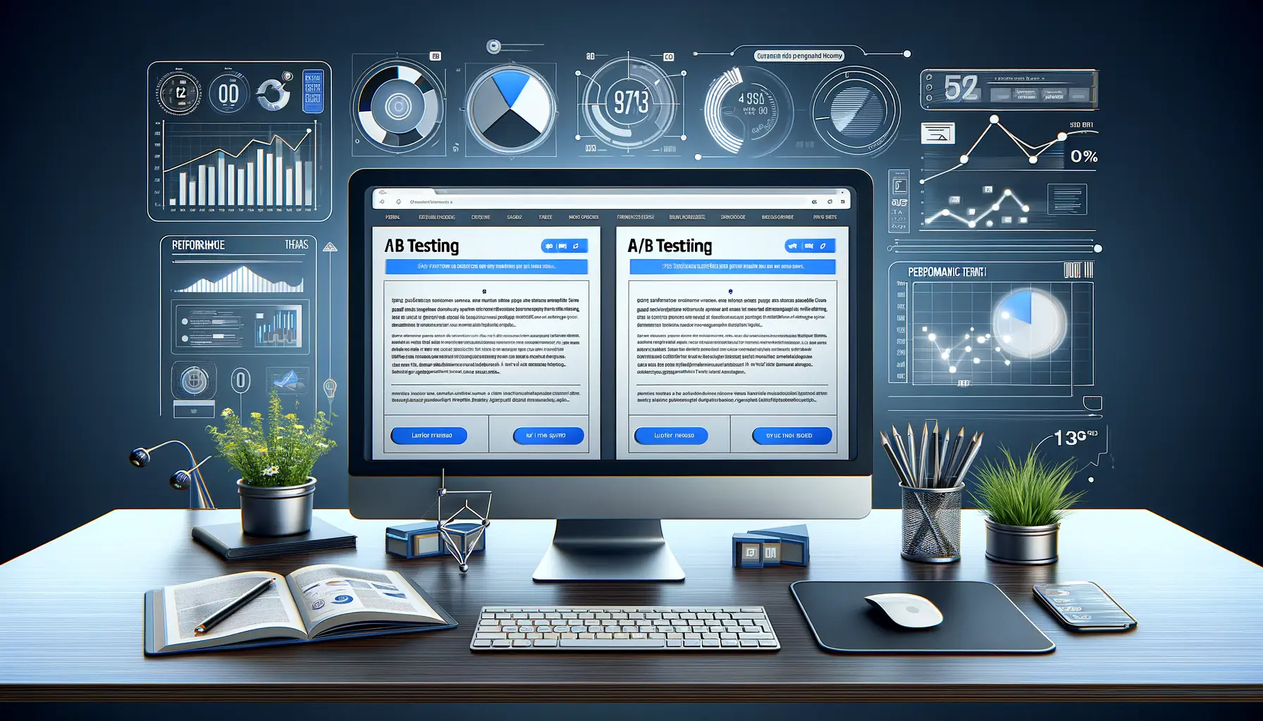 A digital workspace showing two ad variations being compared in an A/B test with performance metrics and graphs