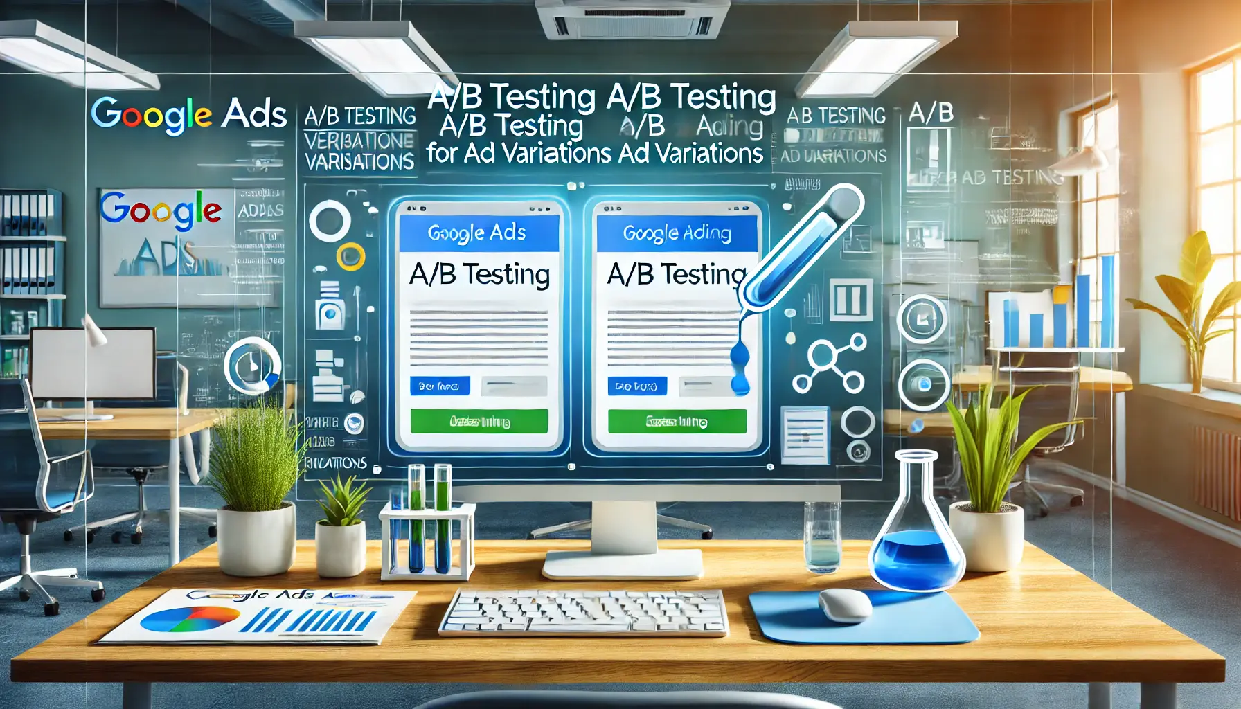 A modern office with a computer displaying two versions of a Google Ads ad, symbolizing the A/B testing process with visual cues like a split arrow and a test tube.