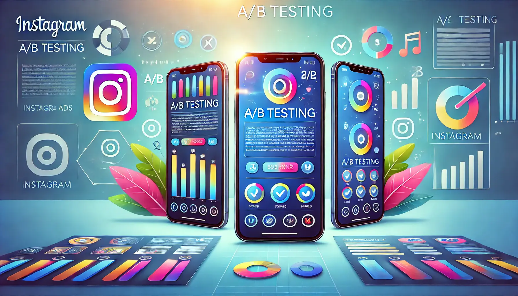 Illustration of two smartphones side by side displaying different Instagram ads with varying visuals, surrounded by icons like arrows, checkmarks, and bar graphs, symbolizing performance testing.