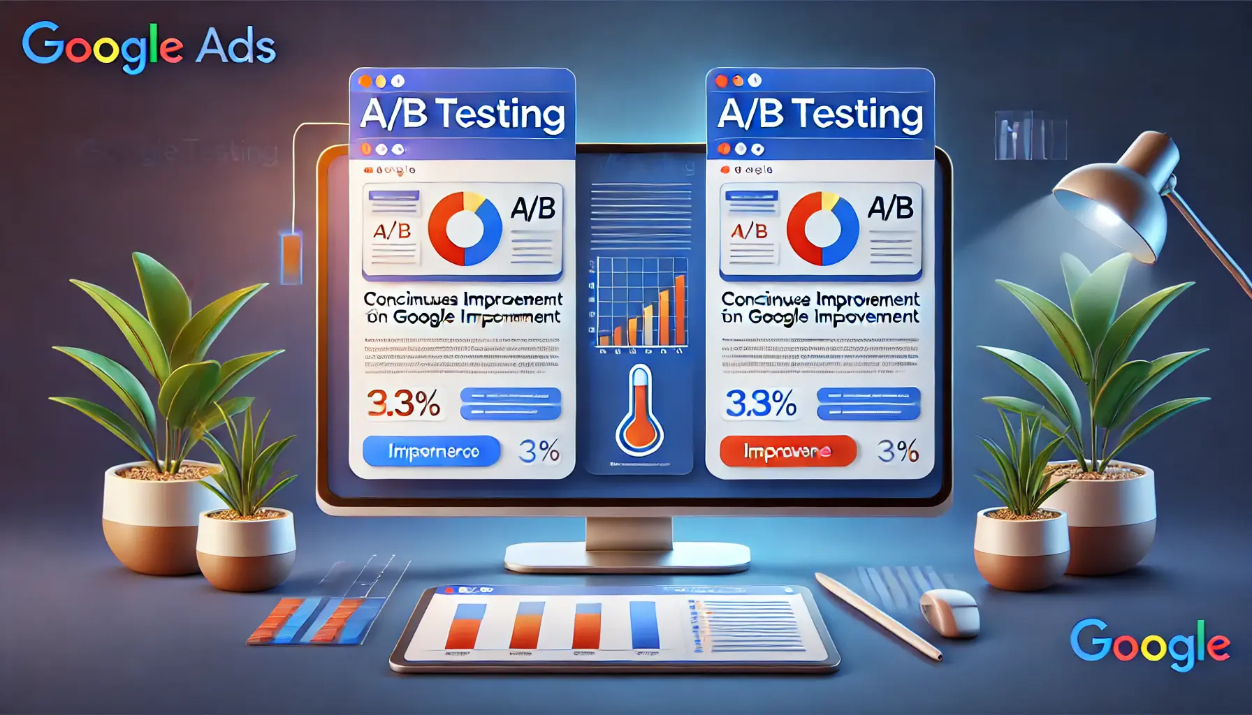 An illustration of A/B testing for Google Ads, featuring two versions of an ad and data charts showing performance comparison.