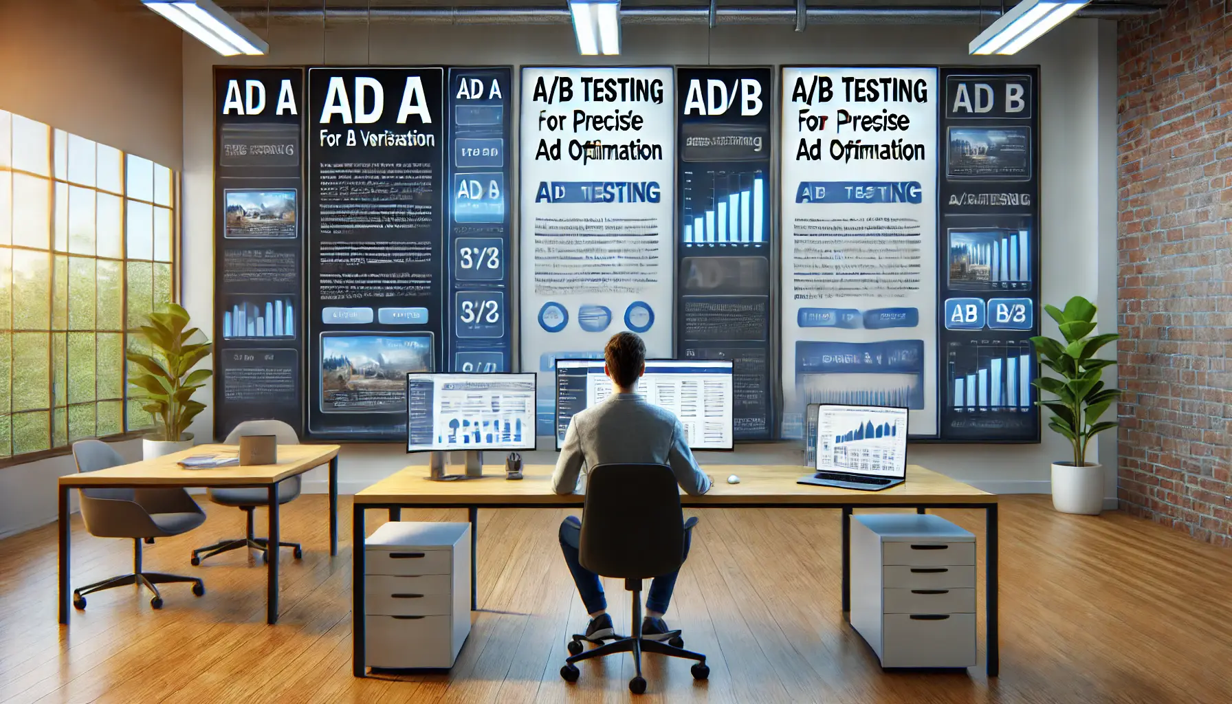 A digital marketer comparing two variations of display ads in a split-screen format for A/B testing.