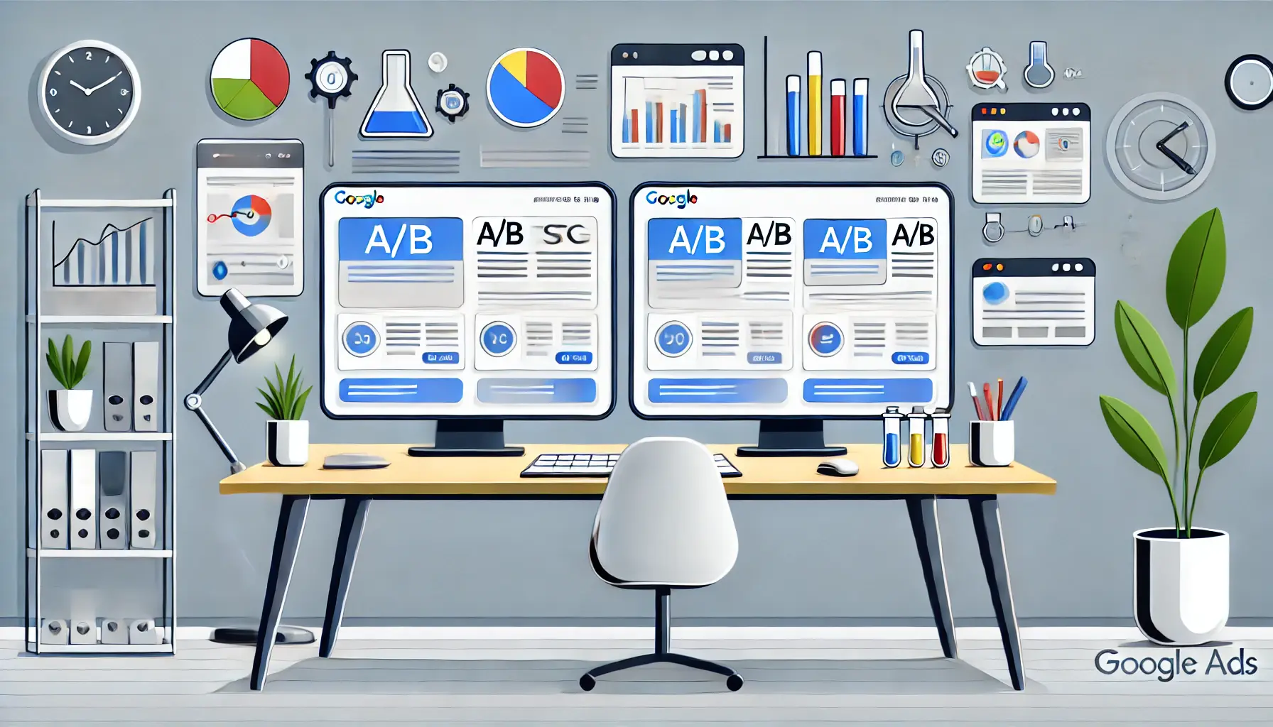 A modern workspace with two desktop screens displaying different versions of an ad or landing page for A/B testing.