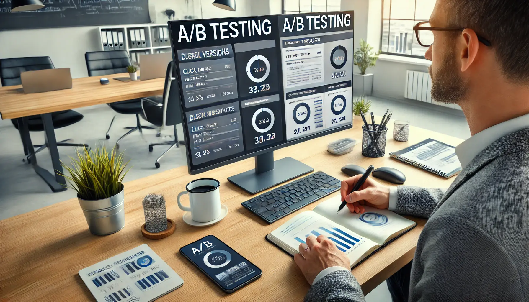 A digital marketer reviewing A/B test results for an ad campaign on a screen, showing two ad versions with performance metrics.