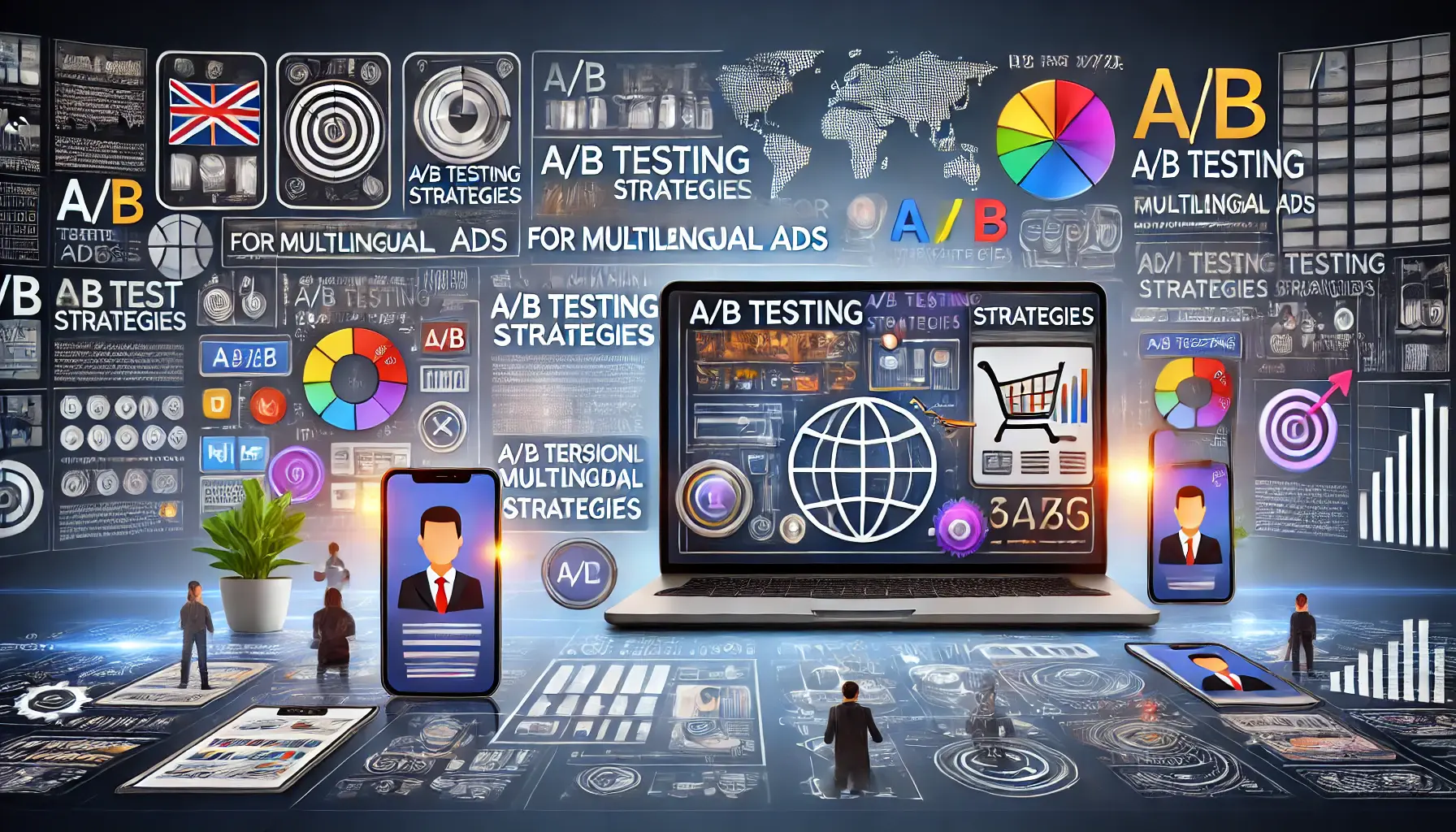 Multiple devices displaying A/B test results for multilingual ads, with variations of ad copy, visuals, and cultural elements.