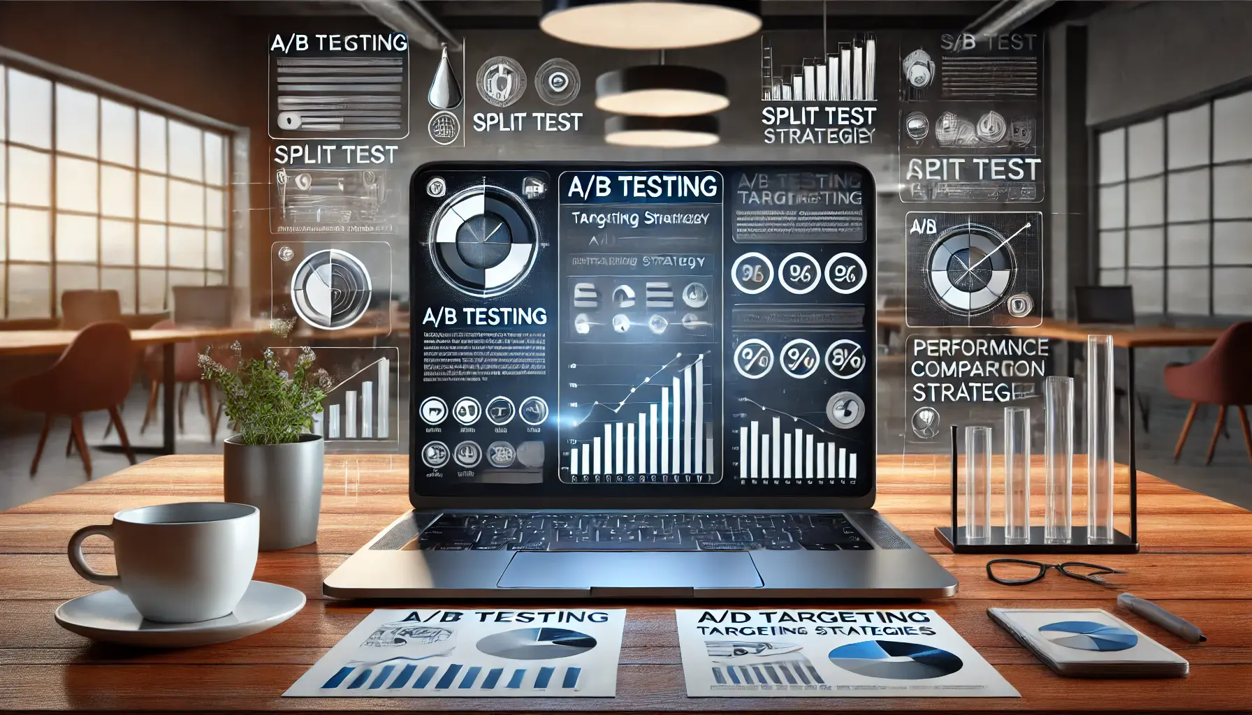 A realistic image of a laptop displaying an A/B testing platform comparing two versions of an ad targeting strategy with graphs and performance metrics.