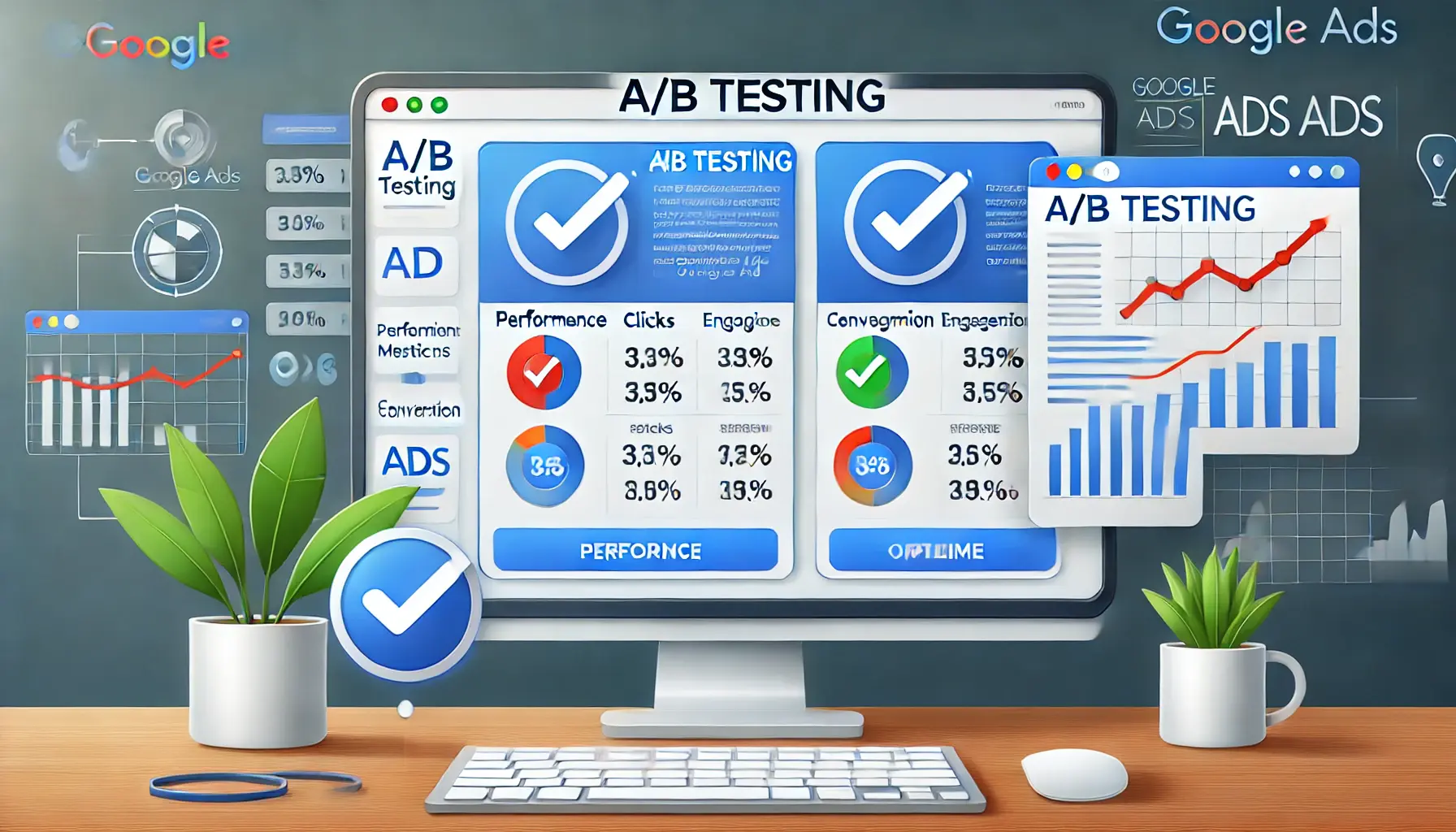 An illustration showing A/B testing with two versions of an ad on a computer screen and performance metrics like clicks and engagement being analyzed.