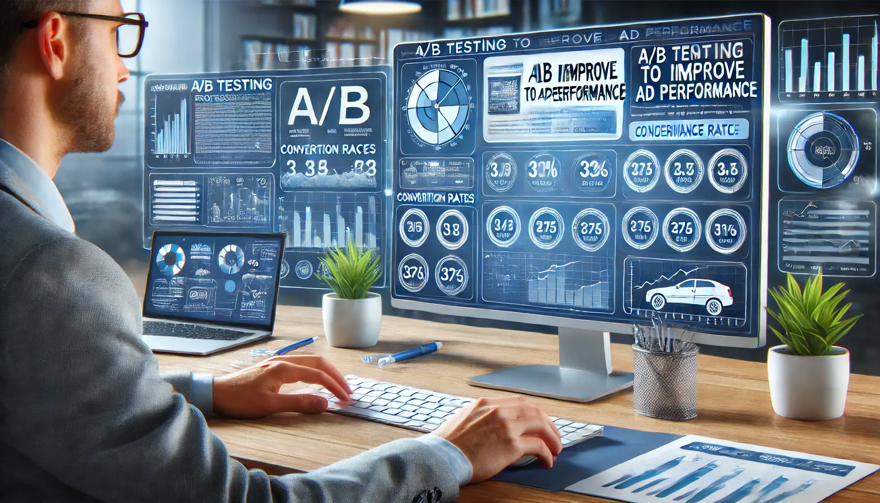 An illustration of a marketer analyzing the results of an A/B test on two different ad versions, comparing performance metrics.