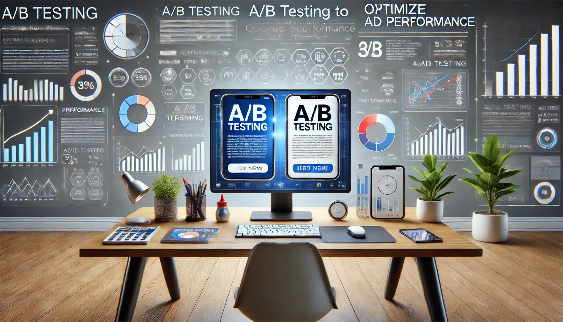 A digital workspace showing two variations of an ad being tested for optimization, with performance graphs and metrics