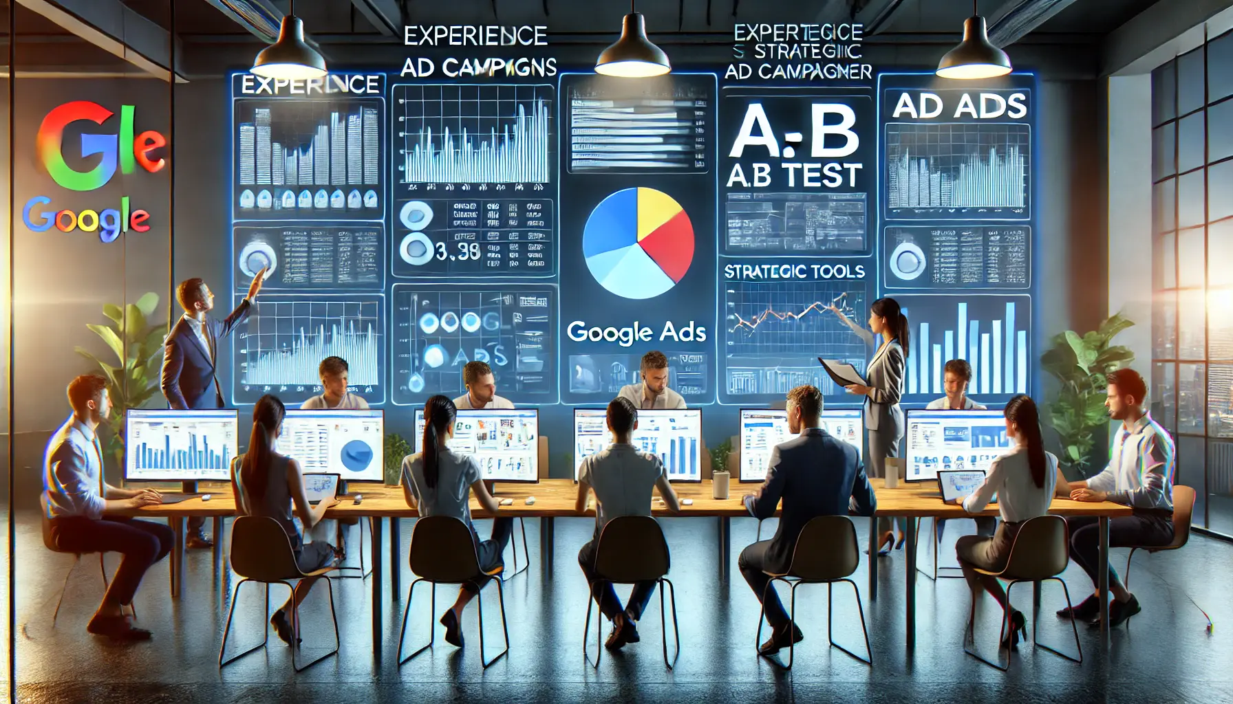 A team of professionals managing and analyzing expert-level Google Ads campaigns in a modern office.