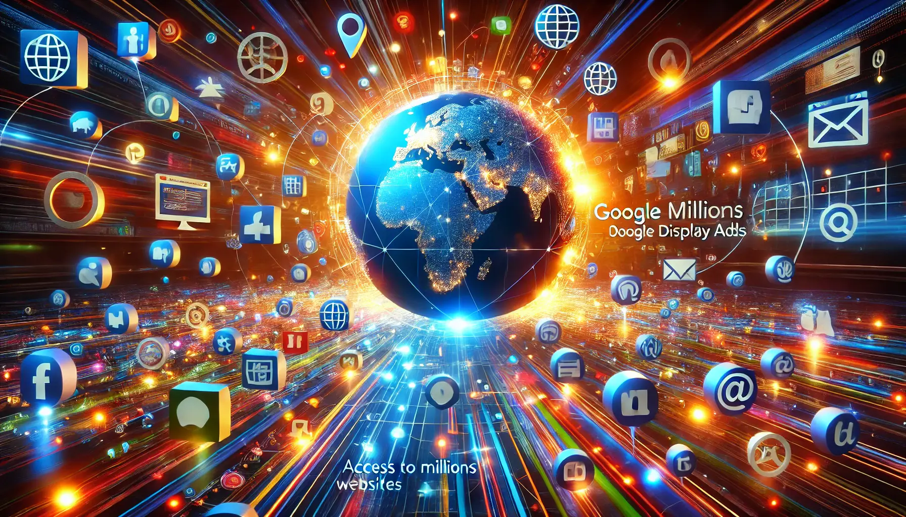 A dynamic image showing a globe with glowing digital pathways and icons representing websites and apps, symbolizing global connectivity through Google Display Ads.