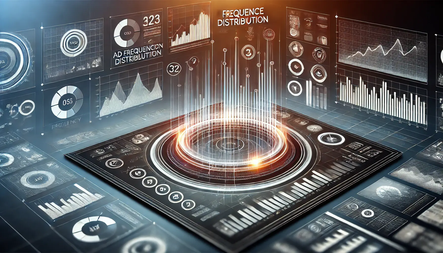 Abstract image of a digital interface with graphs and data visualizations representing frequency distribution reports in advertising.