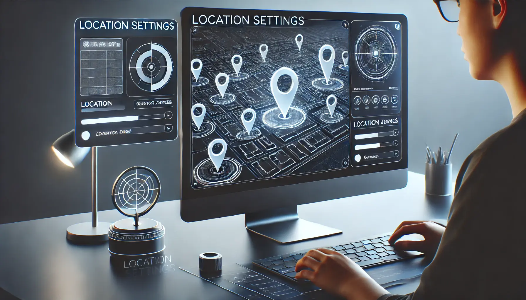 A computer screen showing a location settings dashboard with a map interface and adjustable zones, surrounded by modern workspace elements.