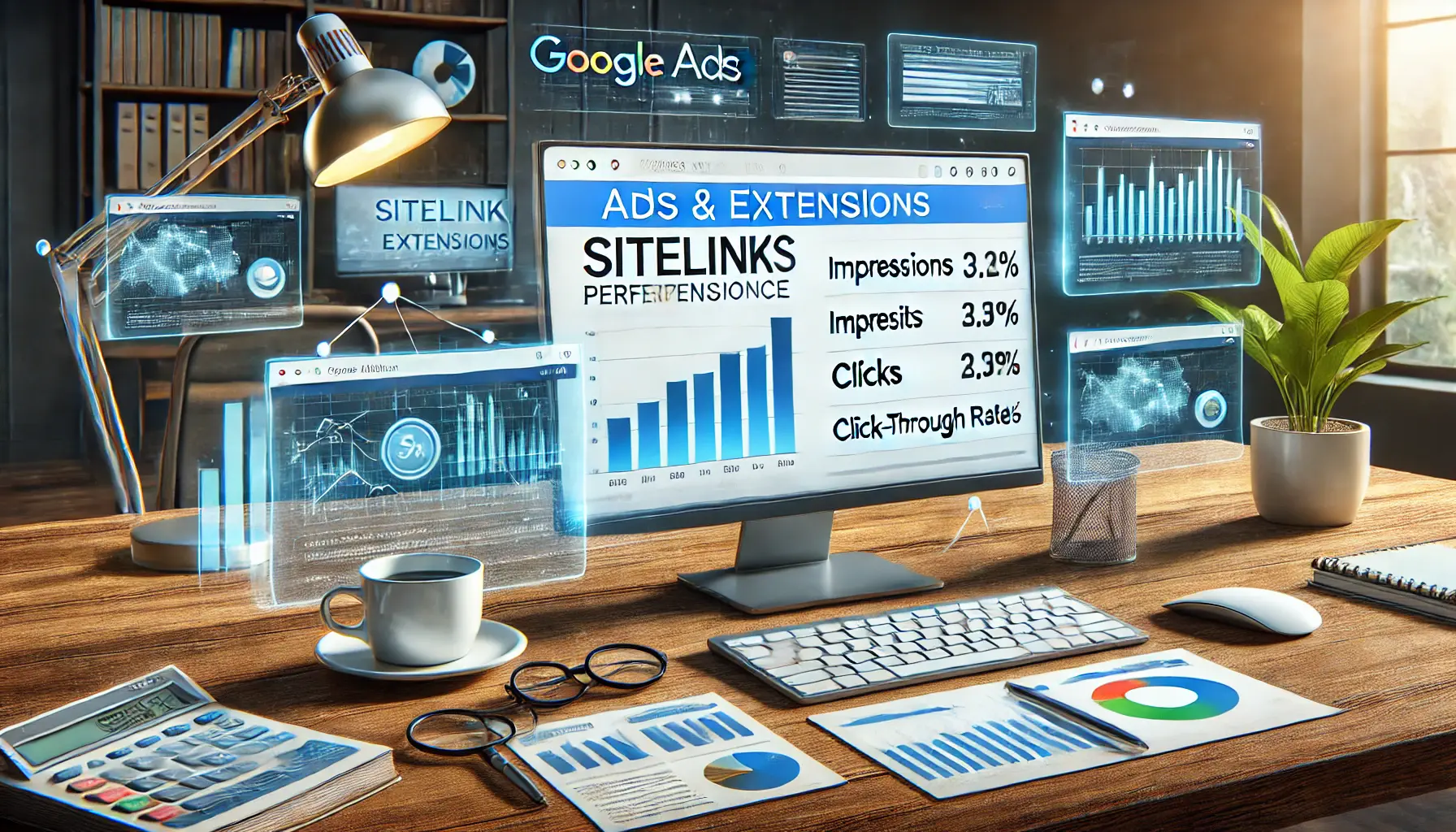 A Google Ads dashboard showing sitelink performance data with key metrics such as clicks, impressions, and click-through rates.