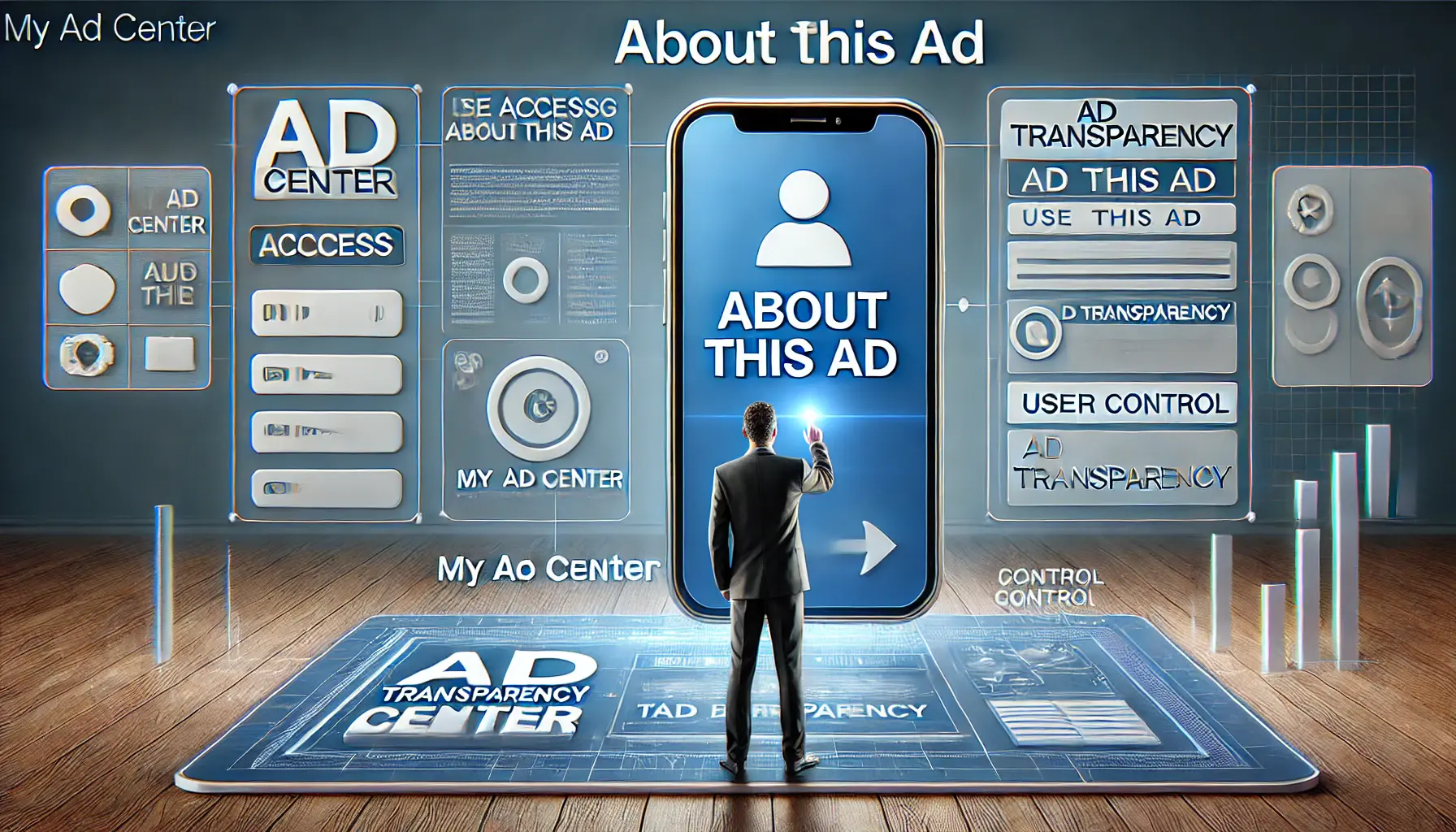 A conceptual visualization of accessing the Ad Transparency Center via My Ad Center, featuring a user interacting with an intuitive digital interface.