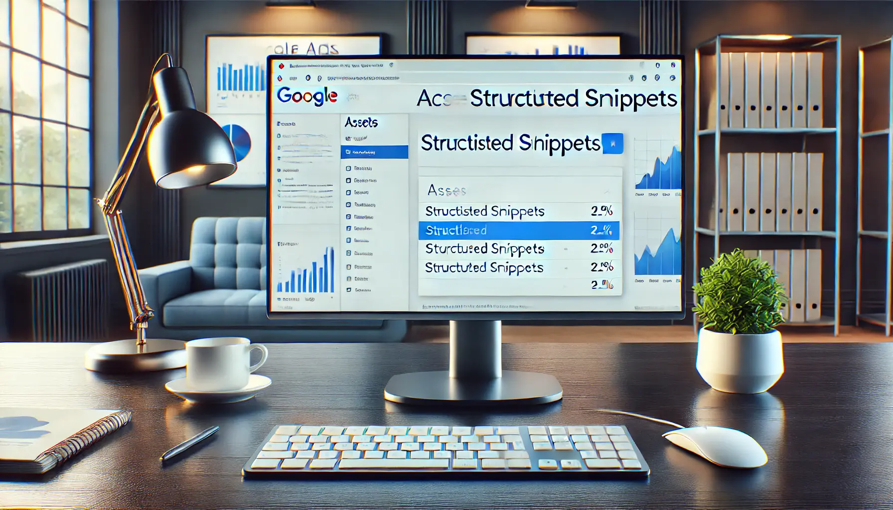 A Google Ads dashboard with the 'Assets' tab open, displaying structured snippet settings in a modern digital marketing workspace.