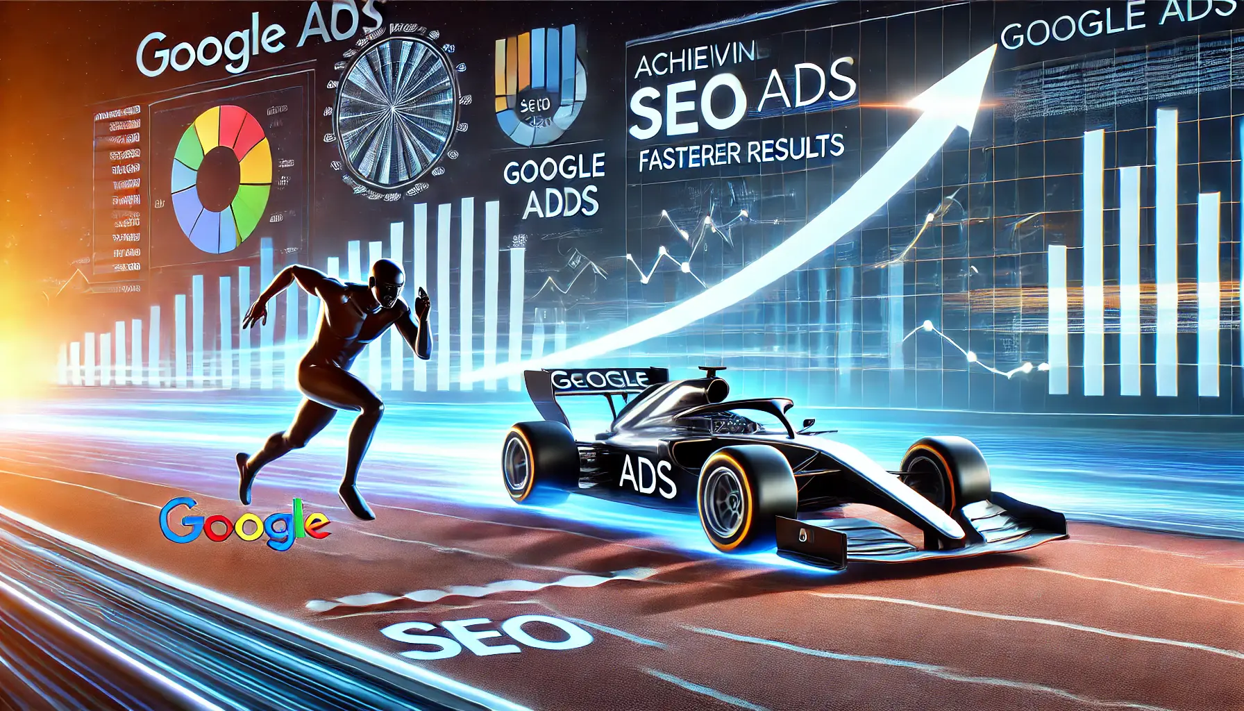 A race track scene with a sleek car representing Google Ads speeding ahead of a steady runner symbolizing SEO, with charts and growth visuals in the background.