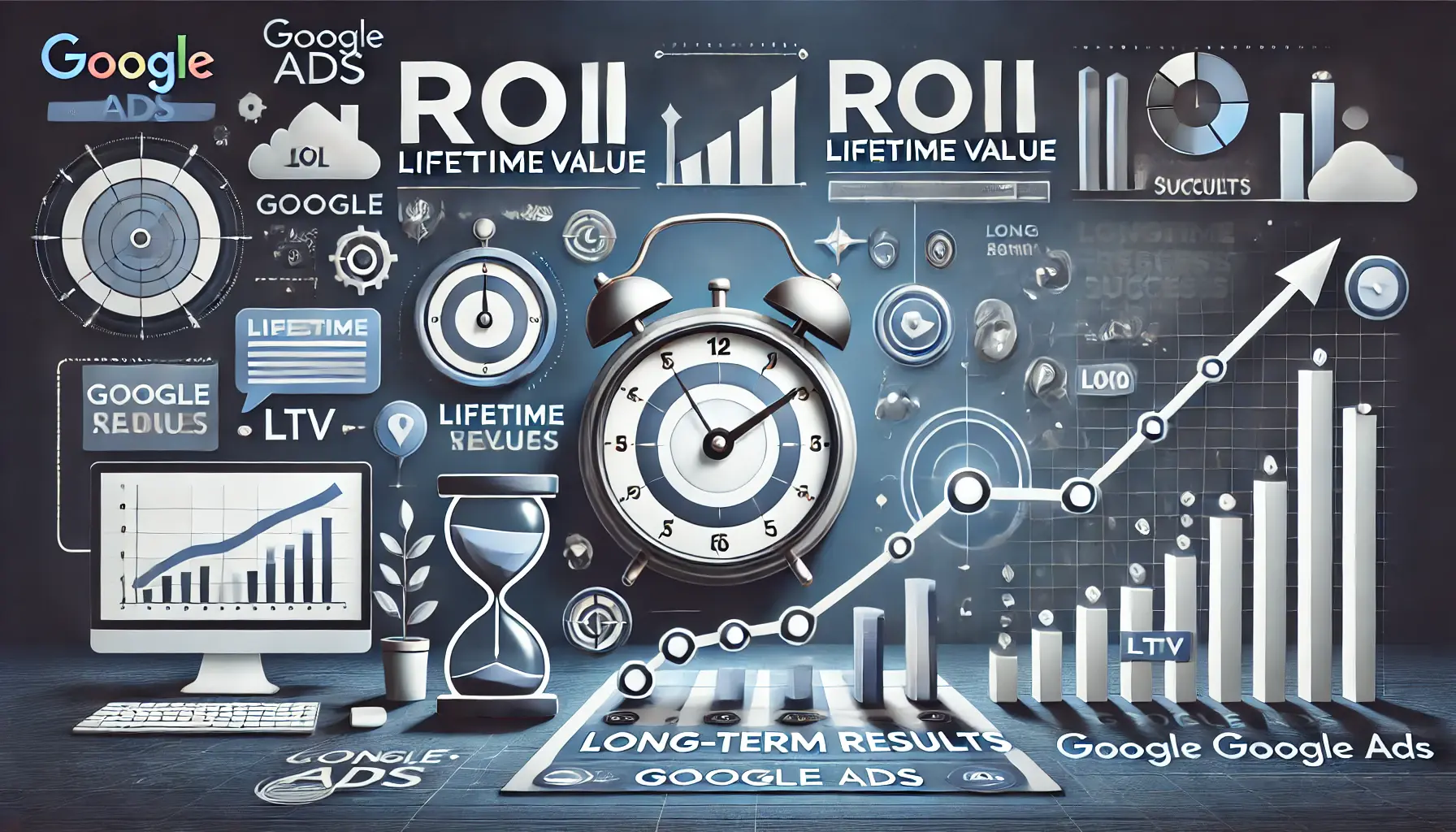 An illustration representing achieving long-term results in Google Ads, featuring a digital dashboard with ROI, LTV, and conversion trends, and symbols like arrows, a clock, and a target.